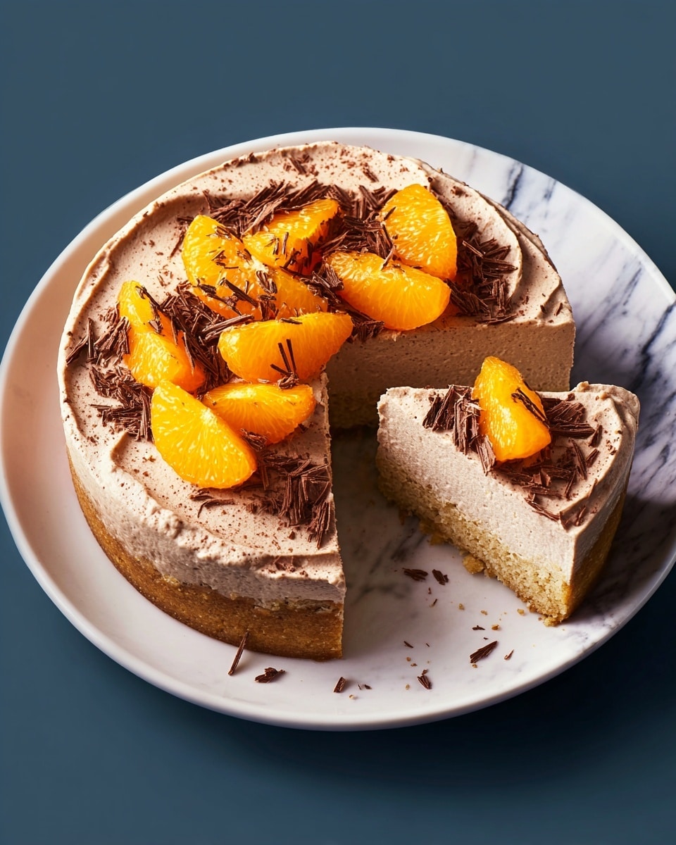 A round cake with three visible layers sits on a white plate; the bottom layer is a crumbly light brown crust, the middle layer is a thick smooth light brown mousse, and the top layer is a swirled light brown cream frosting. The top is decorated with bright orange citrus segments scattered across the surface, and small chocolate shavings sprinkled lightly over the frosting and oranges. One slice of the cake is cut and slightly pulled out, revealing the distinct layers. The background is a white marbled texture. photo taken with an iphone --ar 4:5 --v 7