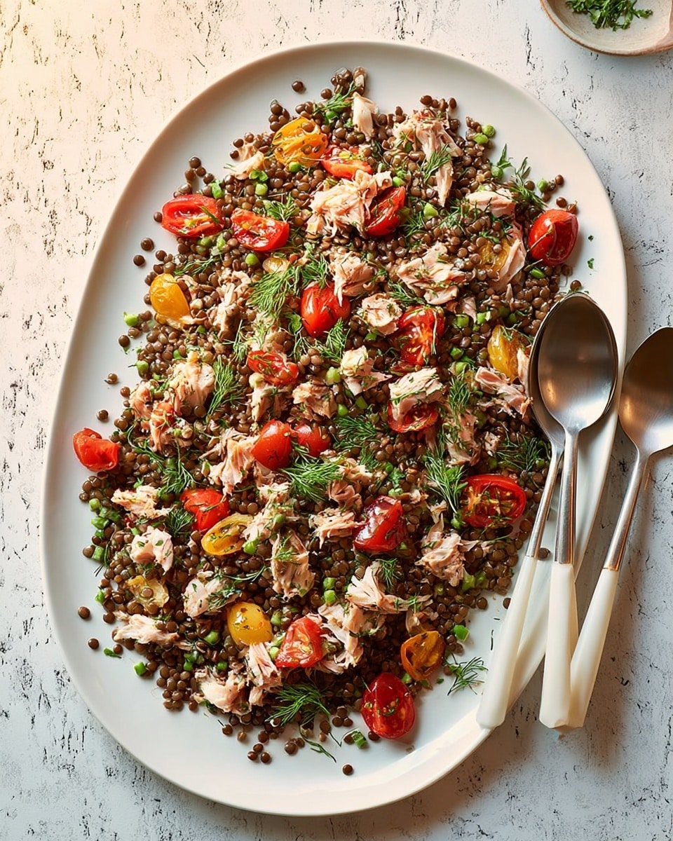 A large white oval plate holds a colorful lentil salad layered with various ingredients. The base layer is dark brown lentils mixed with small pieces of light pink shredded tuna scattered throughout. Bright red roasted pepper chunks and halved red cherry tomatoes are evenly spread on top, adding vibrant color. Fresh green herbs like dill and chives are sprinkled across the dish, giving it a fresh look. Two long white spoons rest on the right side of the plate, one slightly overlapping the other. The plate sits on a white marbled surface with soft natural light casting gentle shadows. photo taken with an iphone --ar 4:5 --v 7