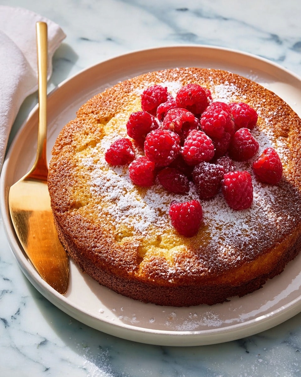 A single-layer round golden-brown cake sits in the center of a white plate, showing a slightly textured top with light cracks. The cake is topped with a generous pile of fresh, bright red raspberries scattered unevenly across the center and some spill onto the plate. White powdered sugar is lightly dusted over the cake and raspberries, adding a soft contrast to the rich colors. A gold-colored cake server is placed partially under the cake on the left side, on a white marbled surface with two glasses of water and lemon slices in the top left corner. photo taken with an iphone --ar 4:5 --v 7