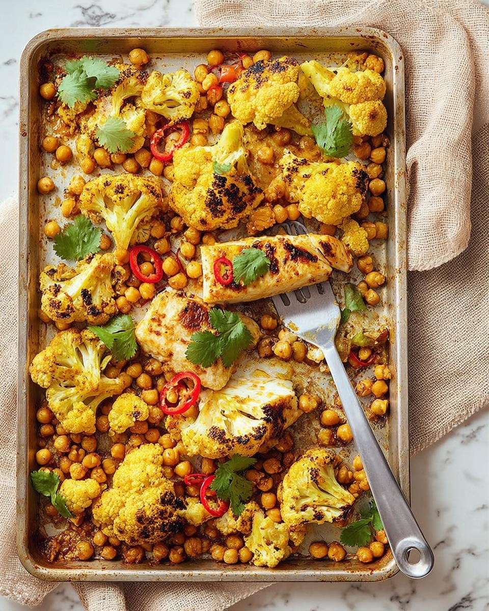 A metal baking tray filled with roasted cauliflower florets that are golden yellow with charred black spots, scattered chickpeas that are light brown with a slightly crispy texture, and four pieces of white fish fillets seasoned with spices giving a light reddish tint. Slices of red chili are spread evenly among the ingredients, with green cilantro leaves placed on top for garnish. A metal spatula is resting on the tray, lifting some of the food, and the tray sits on a white marbled surface covered partially by a beige cloth. photo taken with an iphone --ar 4:5 --v 7