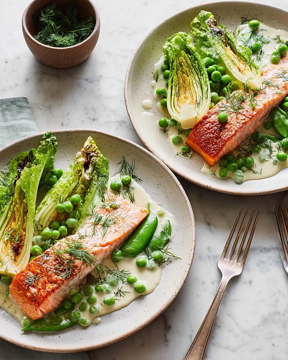 Two white plates are placed on a white marbled surface. Each plate has one cooked salmon fillet with a crispy, golden-brown top layer positioned horizontally in the center. Below the salmon, there are two pieces of grilled leafy green lettuce with light brown grill marks. Scattered all over the plate, especially over the salmon and lettuce, are bright green peas. The dish is topped with a light cream sauce and tiny sprigs of fresh dill spread around. A brown cup filled with dill is near the top left, with part of a clear glass visible behind it, and a silver fork is resting on the top plate. Photo taken with an iphone --ar 4:5 --v 7