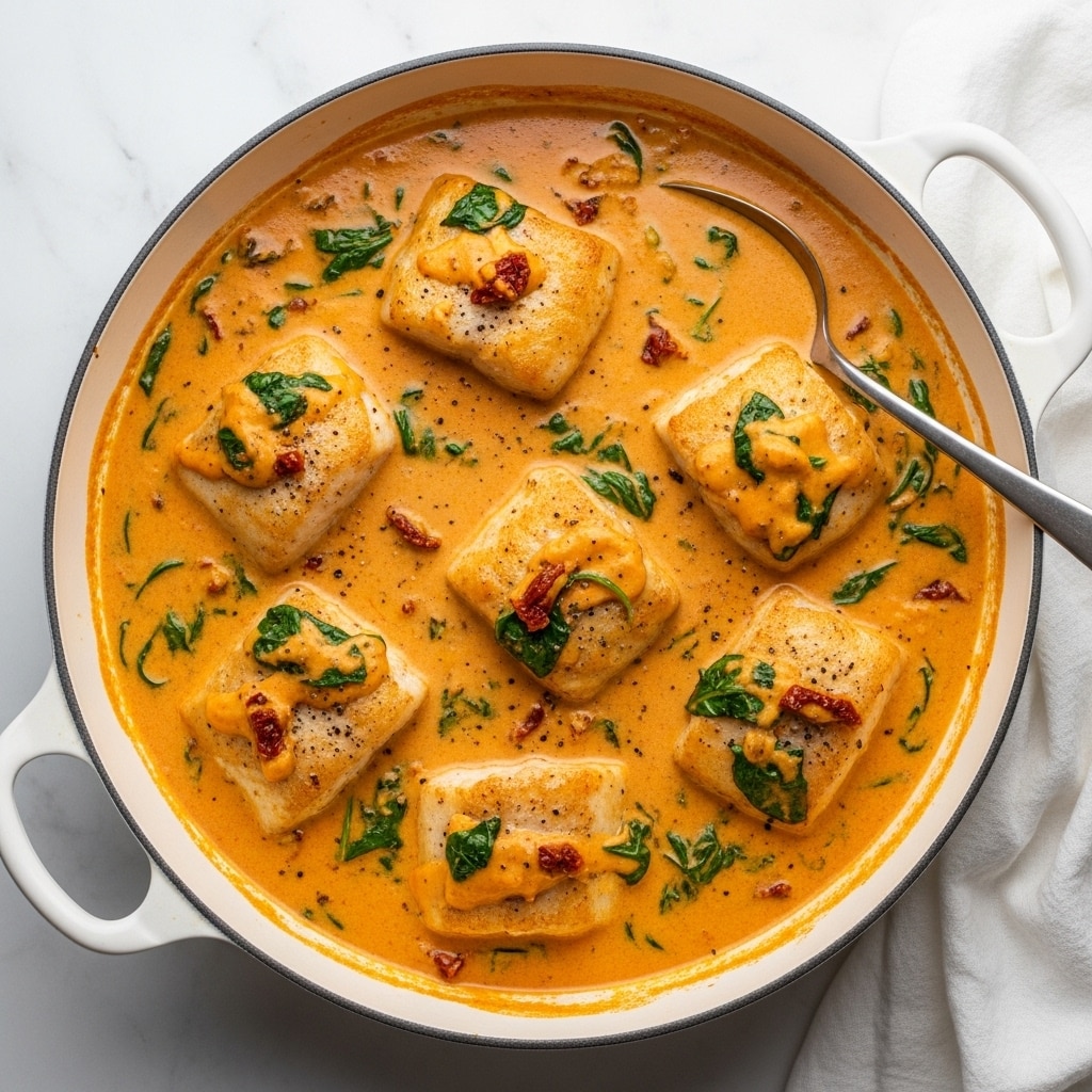 The image shows a white cast iron pan filled with a creamy orange sauce that covers six browned chicken breasts arranged evenly inside. The sauce has a smooth, thick texture with visible bits of green spinach leaves and small pieces of red sun-dried tomatoes scattered throughout. The chicken pieces have a slightly crispy, golden-brown surface partly peeking through the sauce, and some black seasoning is sprinkled on top. A metal spoon rests inside the pan on the right side. The pan sits on a white marbled surface with a cream-colored cloth partially visible on the left side. photo taken with an iphone --ar 4:5 --v 7