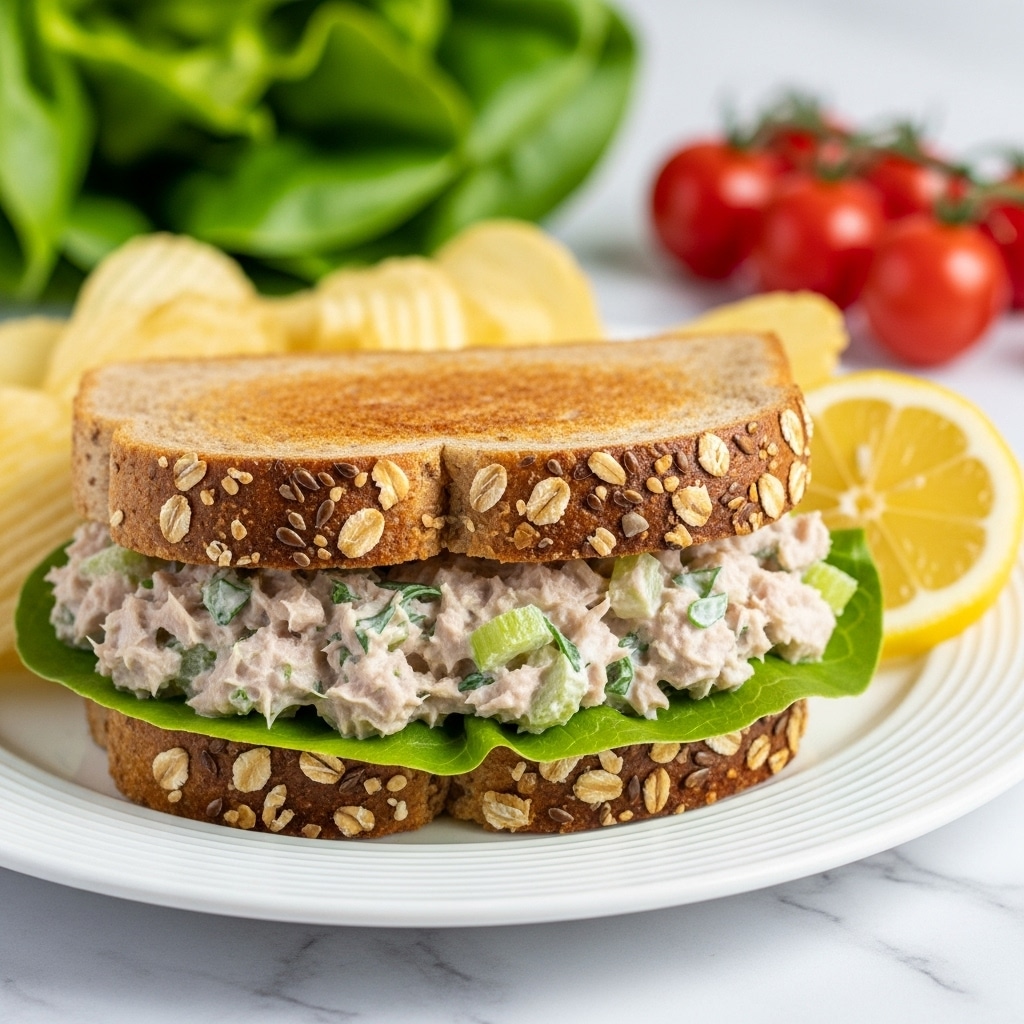 A sandwich with two slices of brown, multigrain bread with visible oats on the crust forms the top and bottom layers. Inside, there is a thick, creamy tuna salad mixed with small green celery pieces, layered on top of fresh green lettuce leaves. The sandwich is placed slightly to the side on a white plate, accompanied by wavy, golden potato chips and a lemon wedge. The background has a white marbled texture, with a soft focus on green leafy vegetables and red cherry tomatoes. Photo taken with an iphone --ar 4:5 --v 7