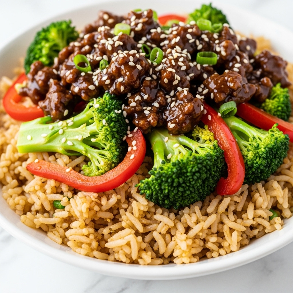 The image shows a close-up of a white bowl filled with fried rice as the base layer, with grains that are light brown and slightly oily. On top of the rice is a generous layer of cooked ground beef, dark brown and juicy with a glossy sauce. Scattered throughout are bright green broccoli florets and slices of red bell pepper, adding vibrant colors and texture contrast. Flecks of sesame seeds and small pieces of green onion are sprinkled over everything for a final touch. The bowl sits on a white marbled surface, giving the image a clean and fresh look. photo taken with an iphone --ar 4:5 --v 7
