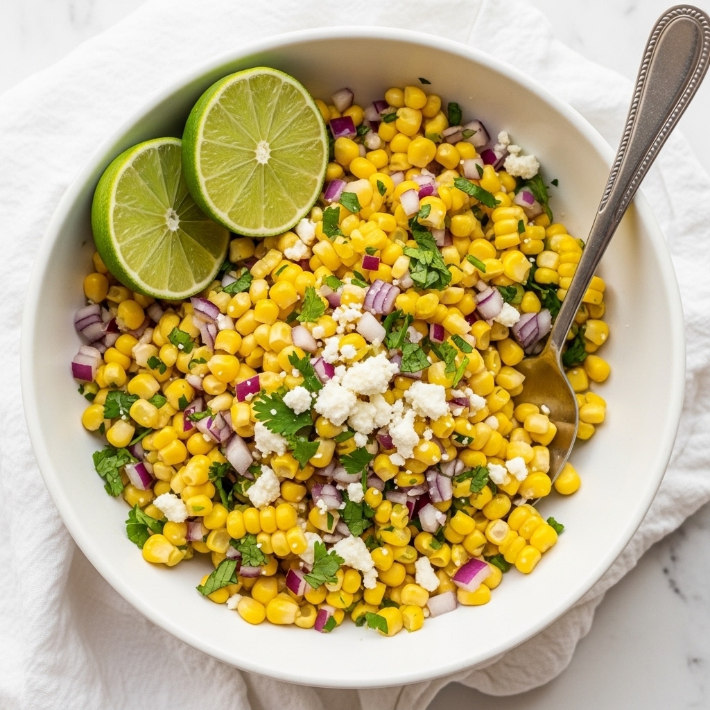 A white bowl filled with a mixed corn salad, showing bright yellow corn kernels as the main layer, mixed with small pieces of red onion and green herbs spread evenly. Two fresh lime wedges rest on the side inside the bowl, adding a green contrast. The salad has a light sprinkling of white cheese on top, visible throughout, and a silver spoon is placed inside the bowl on the right side. The bowl sits on a white marbled surface with a white cloth partially visible on the right side. photo taken with an iphone --ar 4:5 --v 7
