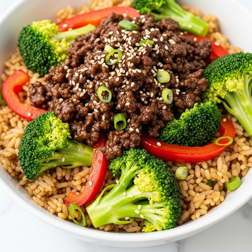 A close-up view of a white bowl filled with a colorful stir-fry dish. The bottom layer is light brown fried rice with visible grains spread evenly. On top, there are bright green broccoli florets and strips of red bell pepper scattered throughout. The top layer features cooked ground beef coated in a glossy dark brown sauce, sprinkled lightly with white sesame seeds and small green onion pieces. The bowl sits on a white marbled surface, creating a clean and bright background. Photo taken with an iphone --ar 4:5 --v 7