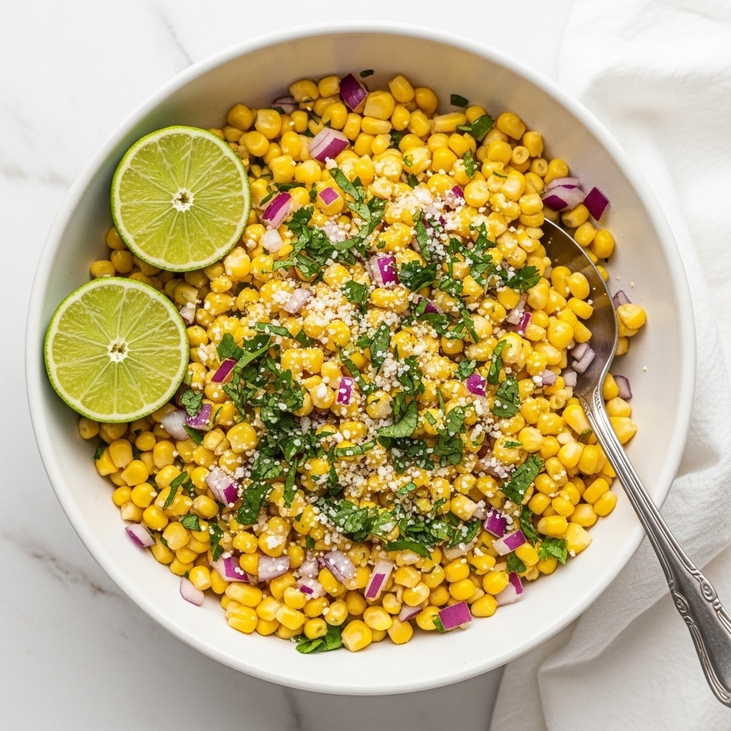 A white bowl filled with a colorful corn salad made of bright yellow corn kernels mixed with small pieces of red onion, fresh green herbs, and crumbly white cheese, creating a textured and vibrant mix. Two lime wedges rest on the side of the bowl's top edge. A silver spoon sits inside the bowl on the right, partially buried in the salad. The bowl is placed on a soft white cloth, with the entire scene set against a white marbled surface. photo taken with an iphone --ar 4:5 --v 7