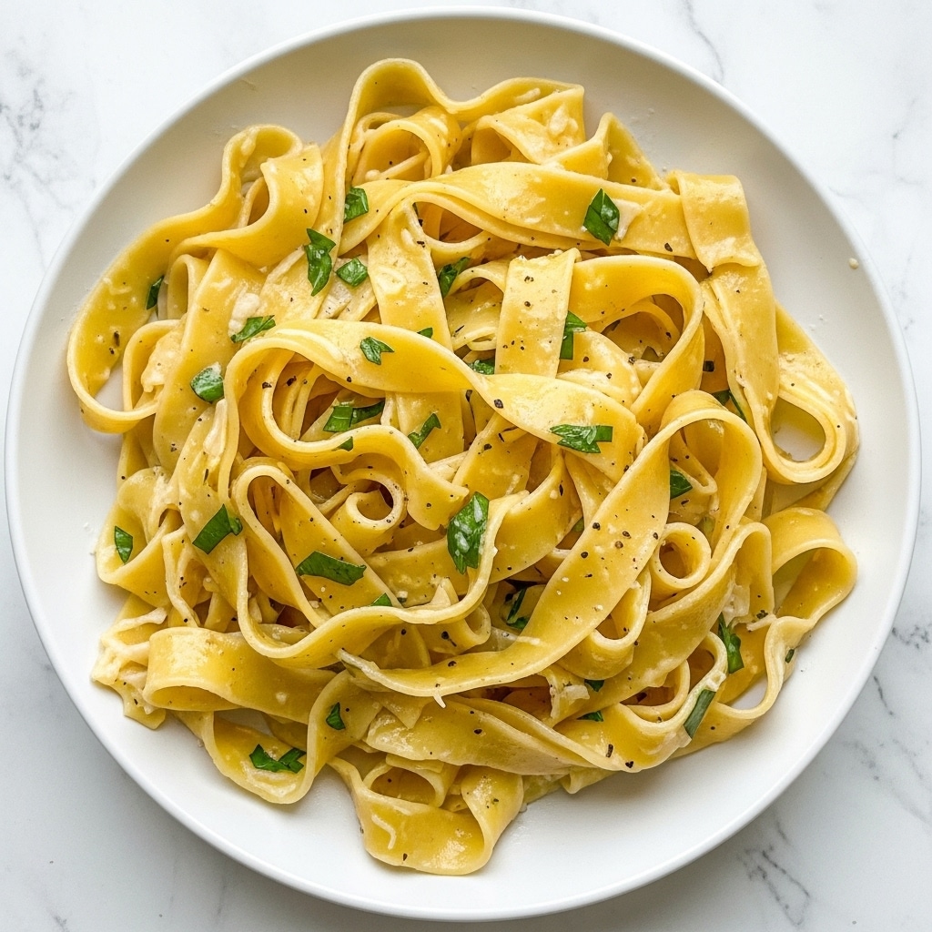 A white plate filled with wide, flat pasta noodles lightly coated in a creamy sauce, each noodle curled and layered naturally on top of each other. Small green herb pieces are sprinkled evenly over the pasta, adding a sharp color contrast to the creamy yellowish noodles, with tiny black pepper flakes scattered throughout. The noodles have a glossy texture, showing the sauce's slight shine, all set on a white marbled surface. photo taken with an iphone --ar 4:5 --v 7