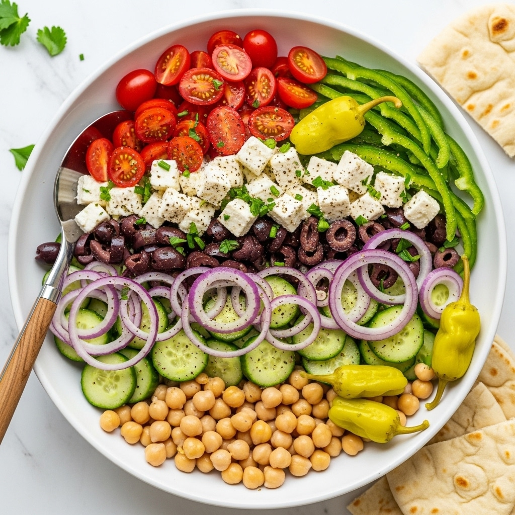 A white bowl filled with a colorful salad showing many layers and textures: a base of small beige chickpeas and cubed white feta cheese, mixed with green bell pepper slices and dark purple and light green olives. Thin half-moon slices of red onion are spread evenly throughout, along with halved bright red cherry tomatoes. There are also pieces of light green cucumber scattered across the salad, and a few whole yellow pepperoncini peppers add a pop of color on top. The salad is lightly sprinkled with green herbs and black pepper, with two lemon slices tucked on the side of the bowl. A large silver spoon with a wooden handle rests on the edge of the bowl. The bowl is placed on a white marbled surface with pieces of pita bread visible in the corner. Photo taken with an iphone --ar 4:5 --v 7