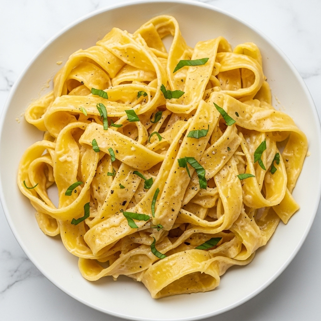 A white plate filled with wide, flat pasta noodles tossed in a light sauce that gives them a shiny and smooth texture. The noodles are pale yellow with small green herb pieces scattered evenly throughout, and some black pepper dots can be seen on the pasta. The pasta is arranged in loose, soft folds and twists that create a layered and slightly messy look. The background is a white marbled texture. photo taken with an iphone --ar 4:5 --v 7