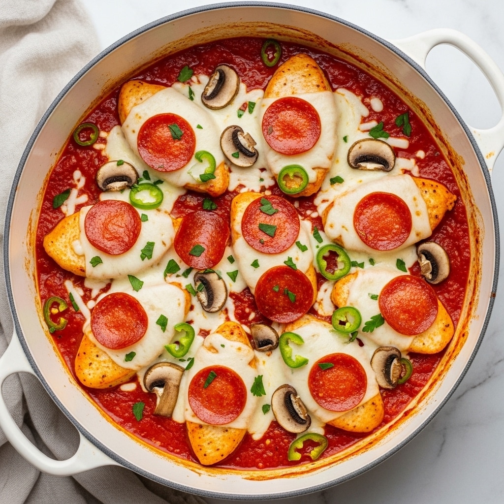 The image shows a round, white pan filled with a baked dish that looks like chicken parmesan. The base layer consists of a thick red tomato sauce covering the bottom of the pan. On top of the sauce are several pieces of breaded chicken, each covered with a generous layer of melted white cheese. Each piece of chicken is topped with two circular slices of bright red pepperoni. Scattered over the cheese and chicken are pieces of cooked brown mushrooms and small green bell pepper chunks. The edges of the pan have some baked sauce stains, and the background surface is a white marbled texture. photo taken with an iphone --ar 4:5 --v 7