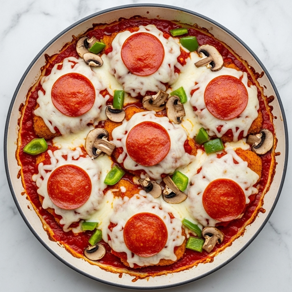 A white round pot filled with a layered dish showing cooked tomato sauce at the base, topped with oval-shaped cooked chicken pieces covered with melted white cheese. On top of the cheese, there are rounds of bright red pepperoni and brown cooked mushroom slices scattered evenly. Small green bell pepper pieces and some green herbs are sprinkled across the dish. The pot rests on a white marbled surface with a light-colored cloth at the side. The edges of the pot show some sauce stains, giving a fresh baked look. Photo taken with an iphone --ar 4:5 --v 7