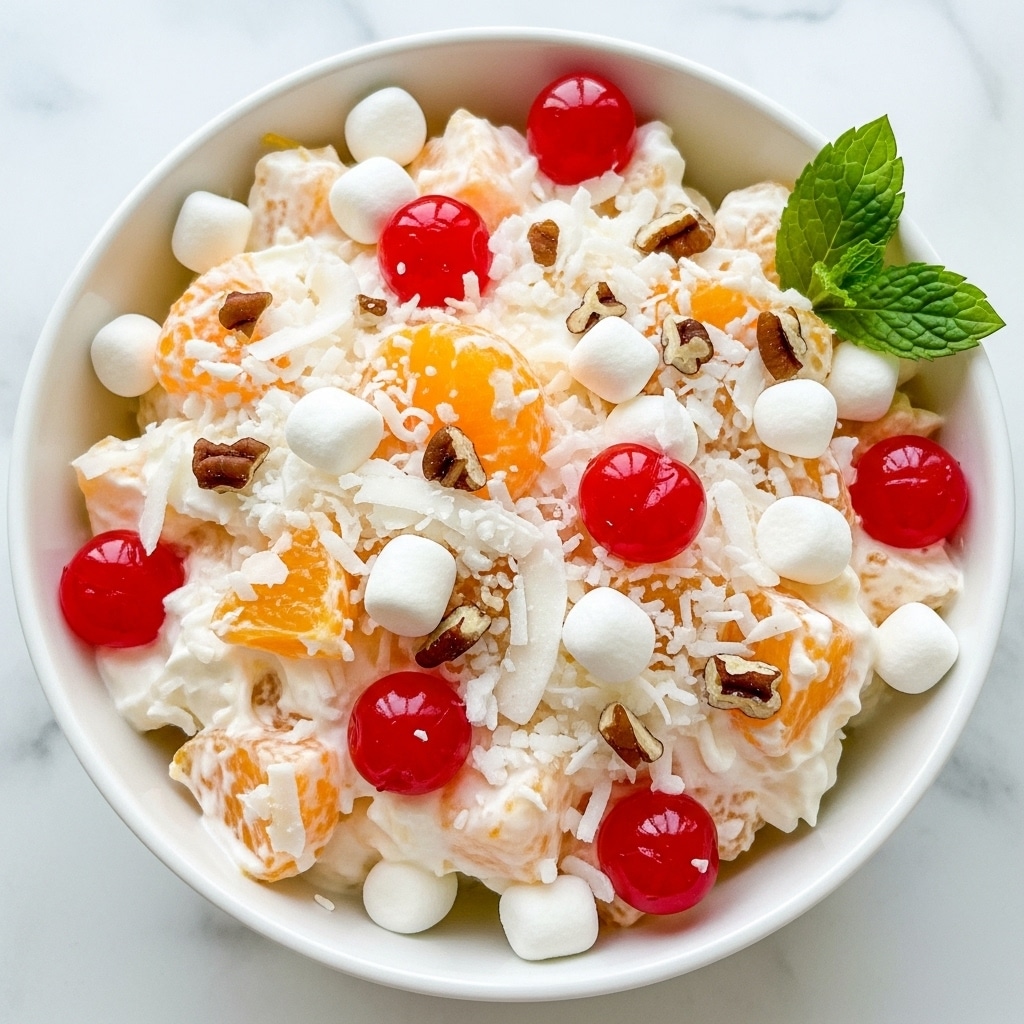 A white bowl filled with a creamy fruit salad that has three main layers: a base layer of fluffy white whipped cream mixed with small white marshmallows and soft yellow pineapple chunks, a middle layer featuring bright orange mandarin slices scattered throughout, and a top layer decorated with shiny red maraschino cherries, finely chopped light brown nuts, and shredded white coconut flakes. There is a sprig of fresh green mint placed on one side of the bowl. The bowl sits on a white marbled texture surface, and a silver spoon is partially visible on the right side inside the bowl. Photo taken with an iphone --ar 4:5 --v 7