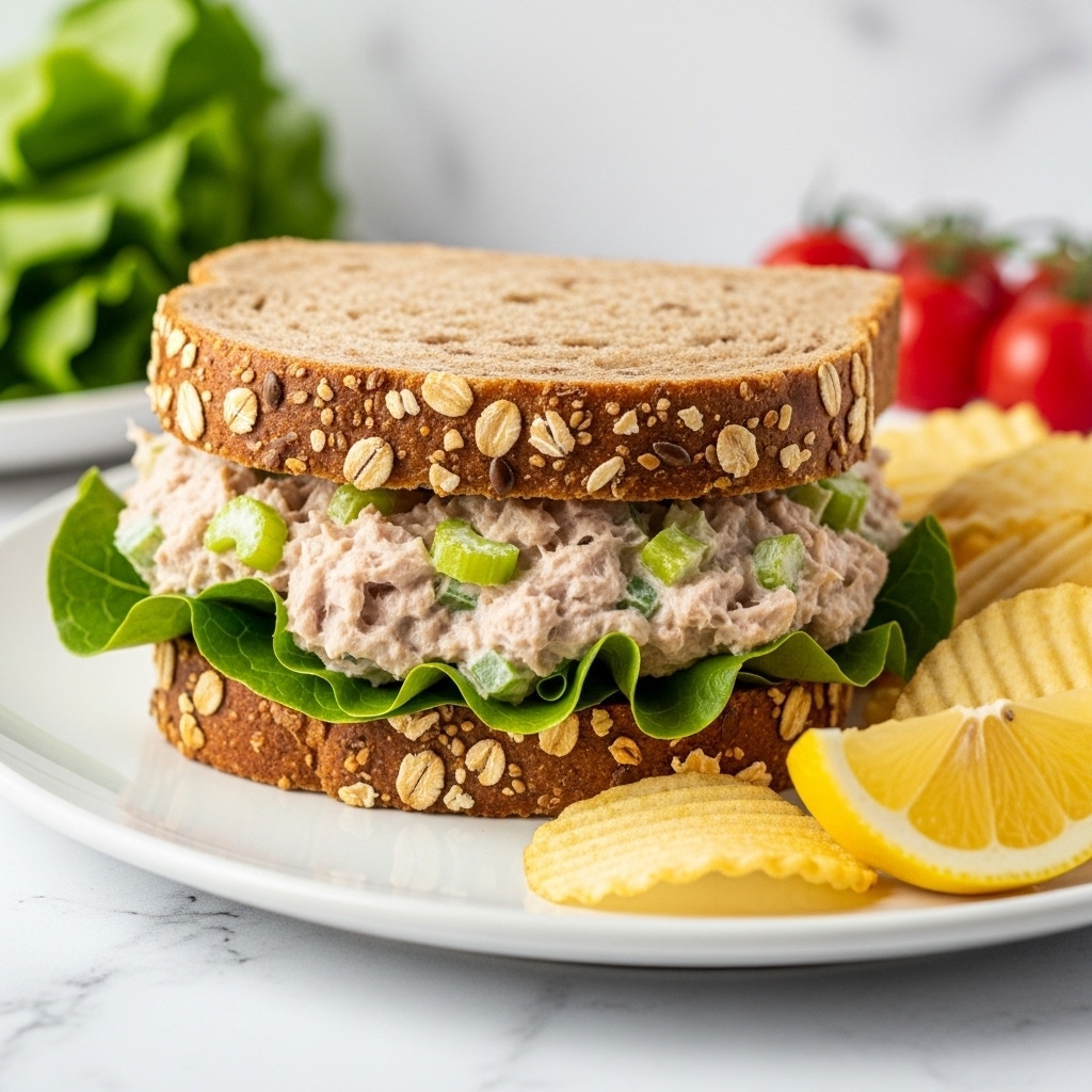 A sandwich made with two slices of toasted whole grain bread with visible oats and seeds on the crust, filled with a thick, creamy tuna salad mixed with small pieces of celery and herbs, resting on a bright green leaf of lettuce. The sandwich is placed on a white plate with ridged edges, next to crinkled potato chips and a quarter slice of lemon. The background shows out-of-focus fresh green lettuce and red cherry tomatoes on a white marbled surface. Photo taken with an iphone --ar 4:5 --v 7