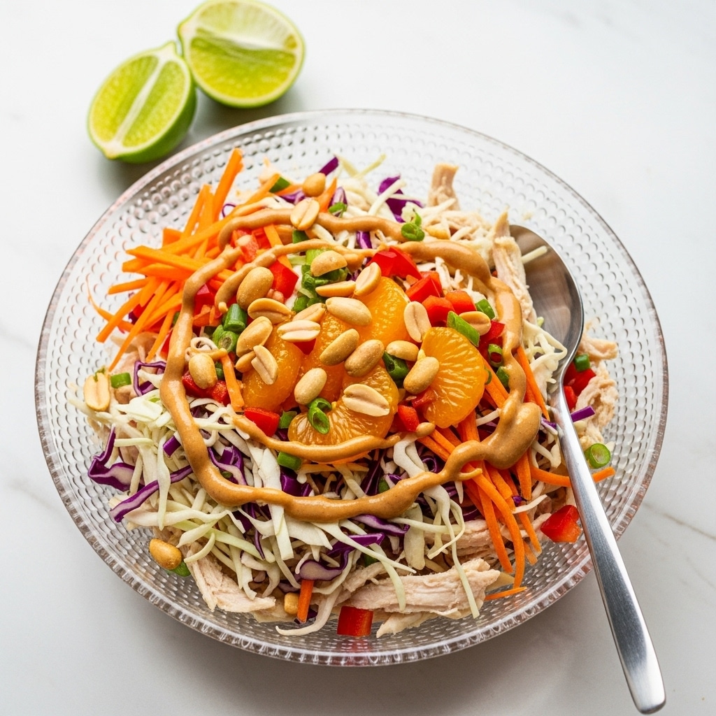 A clear textured bowl filled with a colorful shredded chicken salad sitting on a white marbled surface, showing a mix of shredded light brown chicken, thin strips of light green and purple cabbage, small orange carrot sticks, and scattered bright orange mandarin segments. There are small chopped green onions and red bell pepper pieces throughout, along with a drizzle of creamy tan peanut sauce on top, and some round peanuts in the salad. Two lime wedges rest against the edge in the background, while a silver serving spoon is partially inside the bowl. Photo taken with an iphone --ar 4:5 --v 7