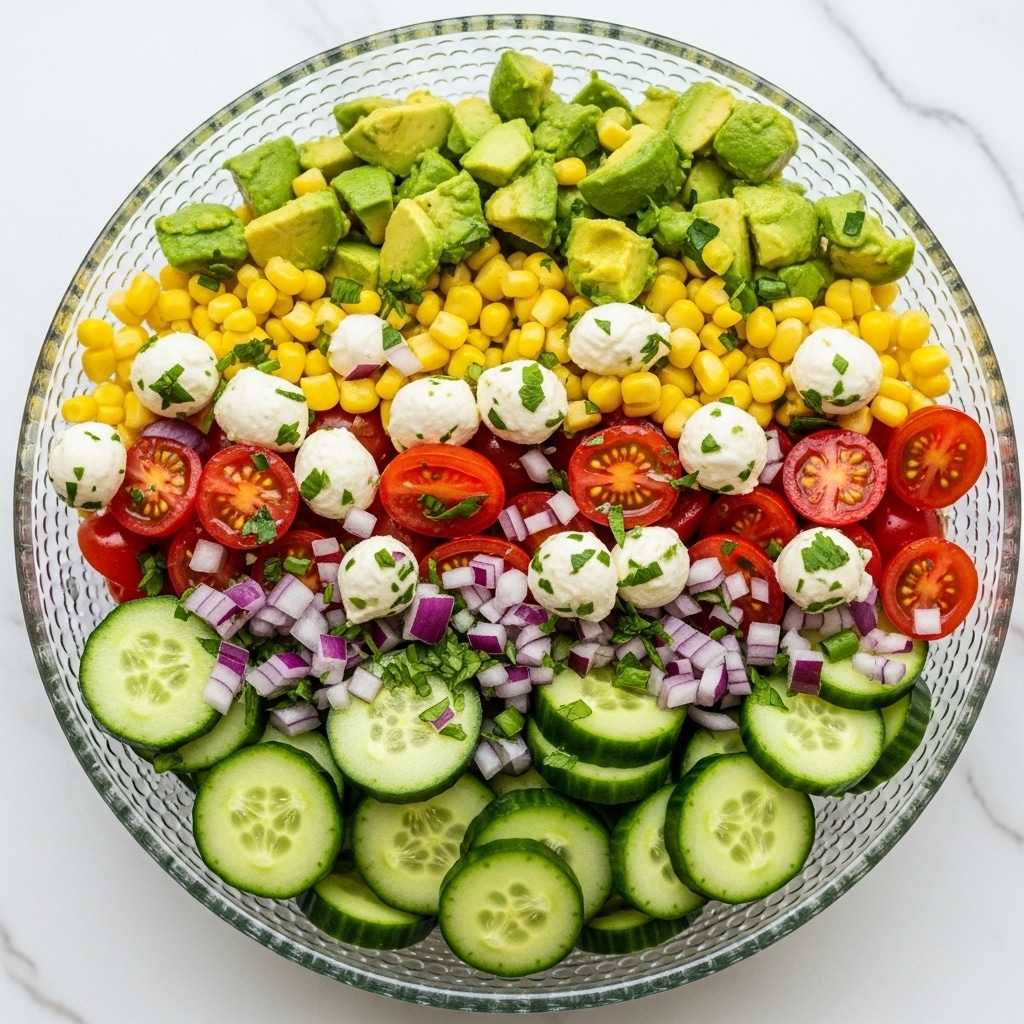 A clear glass bowl filled with a fresh salad containing several layers of ingredients: green cucumber slices with dark green edges, bright yellow corn kernels cut from cob pieces, small round white mozzarella balls, halved red cherry tomatoes, chopped green avocado chunks, and tiny pieces of red onion scattered throughout. The salad is lightly mixed with finely chopped green herbs, all placed on a white marbled surface with a soft light pink cloth nearby. photo taken with an iphone --ar 4:5 --v 7
