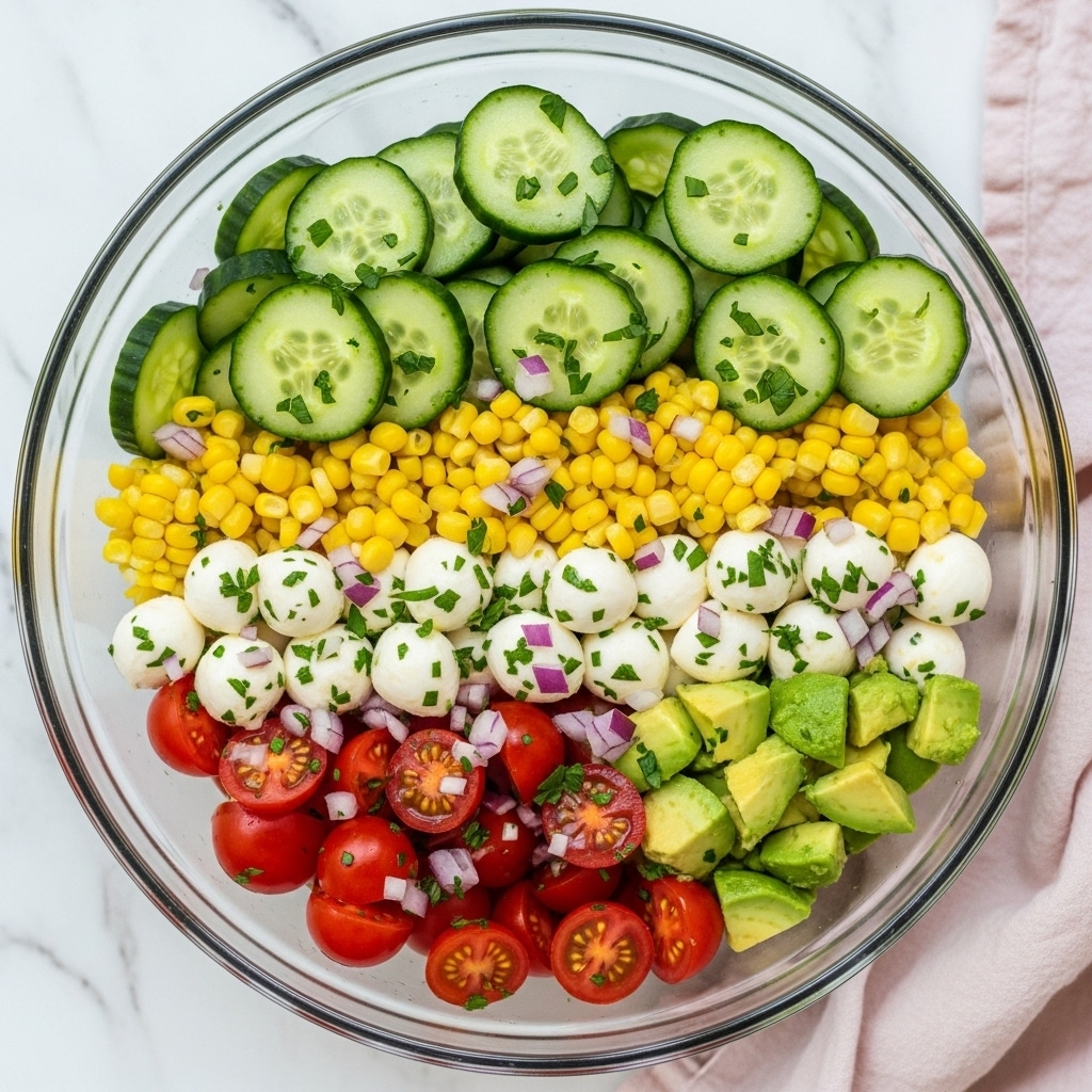 A fresh salad is shown in a clear glass bowl with a textured pattern, placed on a white marbled surface. The salad has many layers: the bottom layer is made of sliced green cucumbers with dark green skin, next are halved small red cherry tomatoes and small white cheese balls scattered throughout. Bright yellow small corn pieces are mixed evenly, with small green avocado chunks adding creaminess. Finely chopped red onions and green herbs are sprinkled all over, giving a fresh and colorful look. The mix looks juicy and well dressed but not wet. photo taken with an iphone --ar 4:5 --v 7