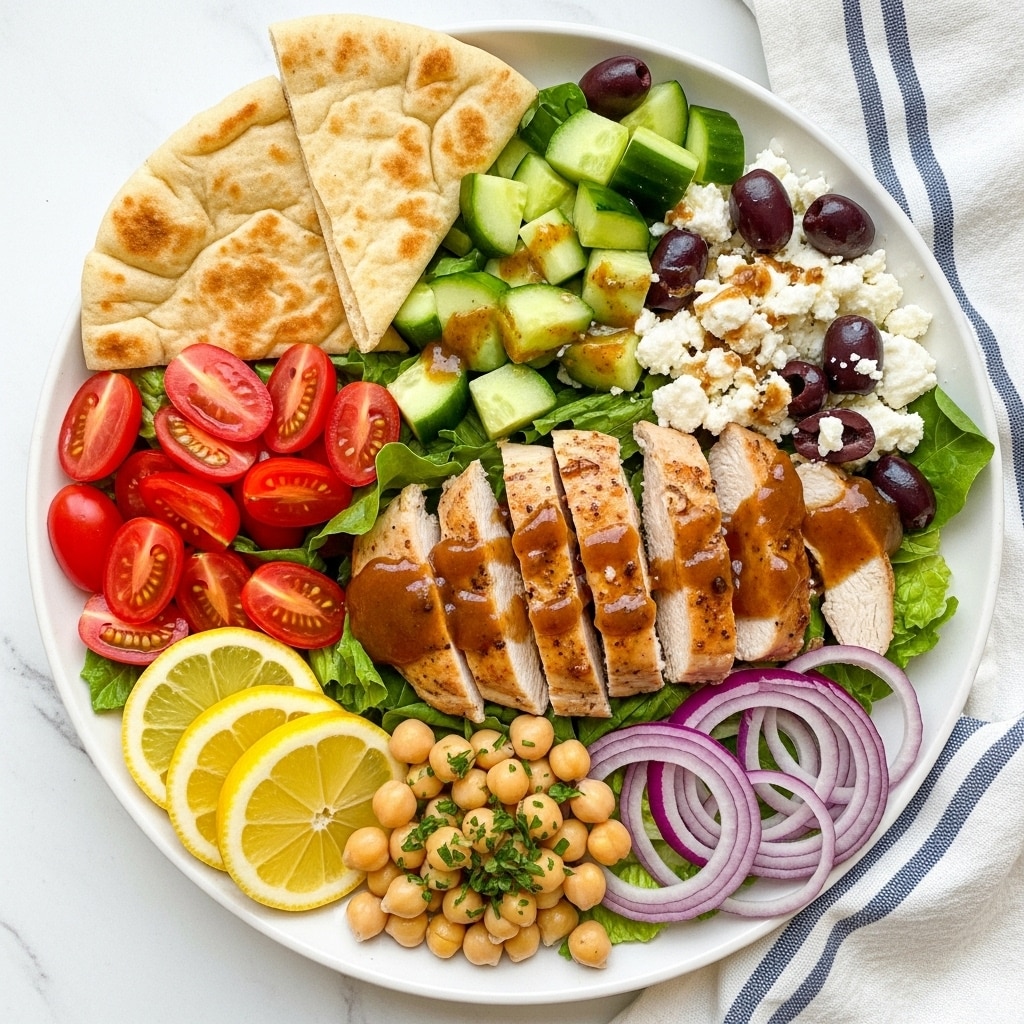 A white bowl filled with a colorful Mediterranean salad arranged in eight sections: top left has two pieces of warm, golden-brown pita bread with specks of green herbs, next to bright green cucumber pieces with a drizzle of dressing, followed by a mix of black and green olives topped with crumbly white feta cheese, then golden grilled chicken slices with a glossy sauce on a bed of light green lettuce. Below the chicken, thin purple onion rings rest beside a pile of light tan chickpeas with some green herbs sprinkled on top. To the left of the chickpeas, there are bright yellow lemon slices, and next to them, vibrant red cherry tomato halves. Everything is placed on a white marbled surface with a blue and white striped cloth nearby. photo taken with an iphone --ar 4:5 --v 7