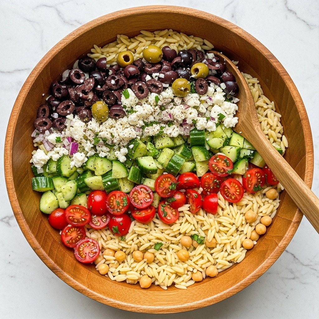 The image shows a wooden bowl filled with a colorful orzo salad made of multiple layers and mixed textures: thin, pale yellow orzo pasta scattered throughout, bright red cherry tomato halves, chunks of green cucumbers, light beige chickpeas, black and green olives, small bits of crumbled white feta cheese, and finely chopped purple onions, all mixed with green herbs. A wooden spoon is resting inside the bowl, partially buried in the salad. The bowl sits on a white marbled surface with some flatbread and a light cloth nearby. photo taken with an iphone --ar 4:5 --v 7