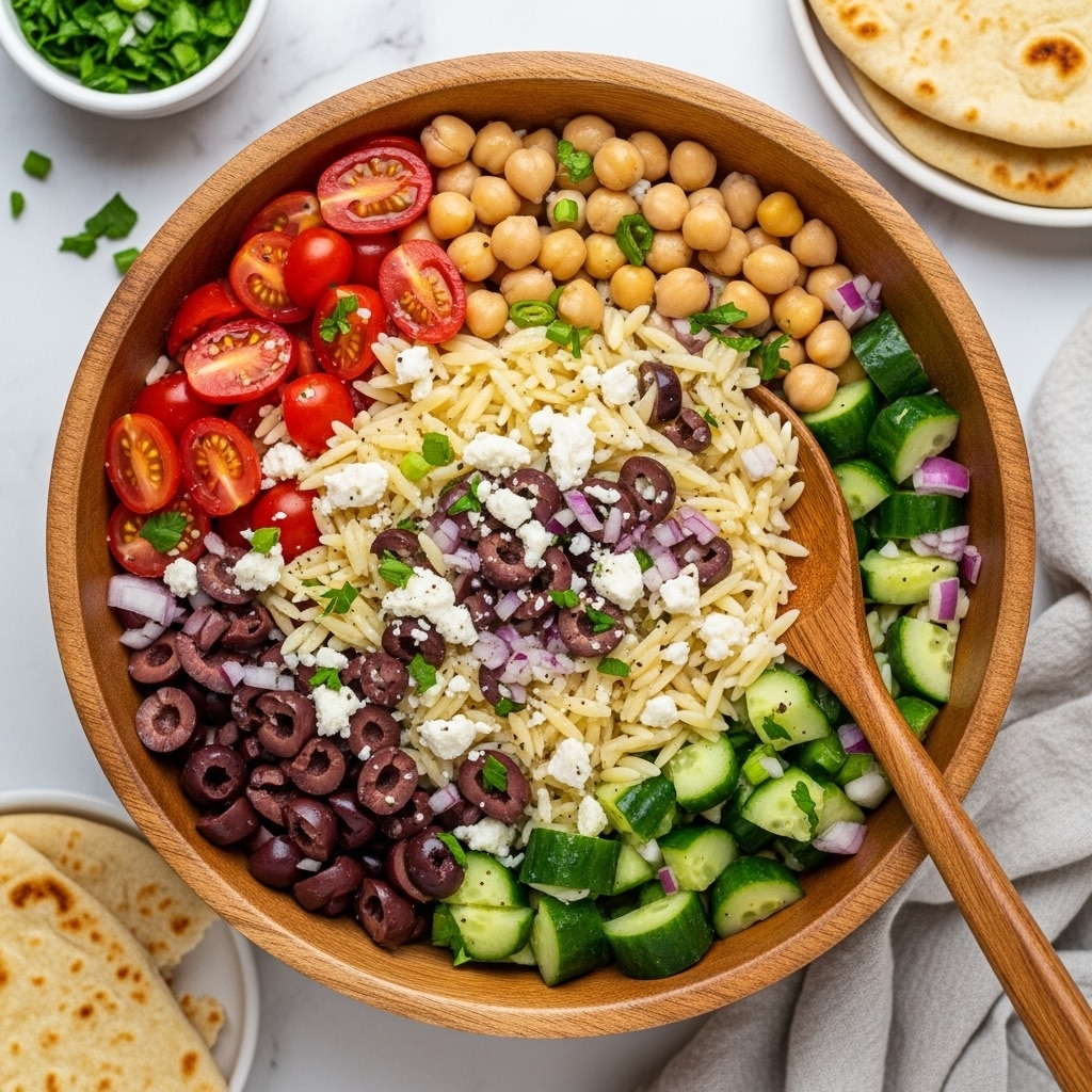 A large wooden bowl filled with a colorful orzo salad that has three main layers visible from the top: the base layer is light yellow orzo pasta mixed evenly with chickpeas, creating a soft texture; the second layer is scattered fresh green cucumber chunks and halved bright red cherry tomatoes adding a crisp look; the top layer includes black and green olives along with crumbled white feta cheese dotted throughout, plus tiny purple onion pieces and green herbs finely chopped, giving a fresh and vibrant appearance, with a wooden spoon resting inside the bowl on the right side, all placed on a white marbled textured surface photo taken with an iphone --ar 4:5 --v 7