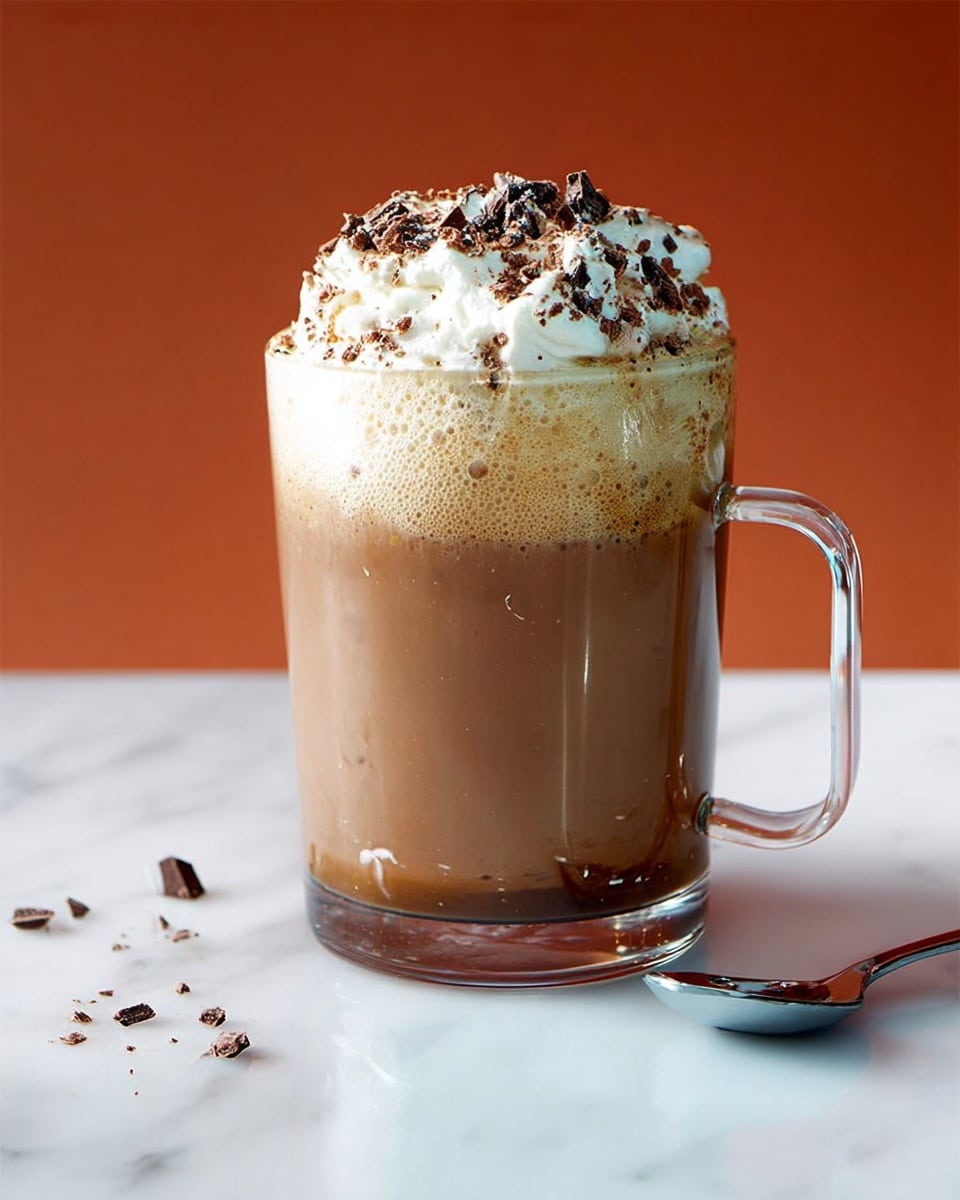 A clear glass mug filled with a three-layered drink sits on a white marbled surface. The bottom layer is a light brown creamy base, topped by a thick, frothy dark brown middle layer, and crowned with a generous swirl of white whipped cream sprinkled with dark chocolate bits. A shiny silver spoon lies next to the mug, partially visible, with some small chocolate crumbs scattered on the surface nearby. The background is a bright orange color that contrasts vividly with the drink and white surface. photo taken with an iphone --ar 4:5 --v 7