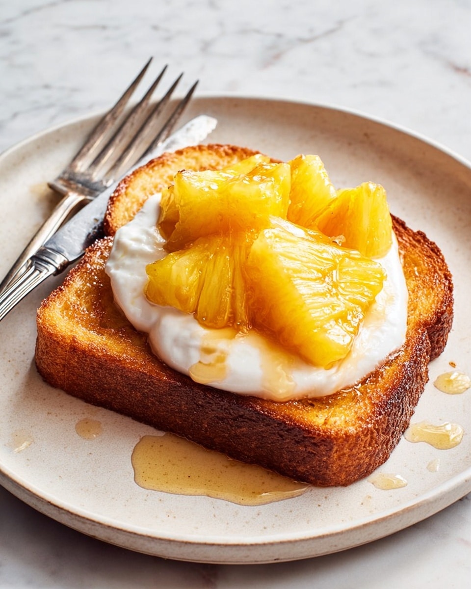 A piece of toasted bread with golden brown crispy edges sits on a white plate with a white marbled texture background. On top of the toast, there is a swirl of thick white cream positioned on the left side, and three bright yellow grilled pineapple pieces arranged diagonally, adding a shiny and juicy look. Light amber syrup is drizzled over the toast and plate, giving a glossy texture. A silver fork and knife lie crossed beside the plate to the left. Photo taken with an iphone --ar 4:5 --v 7