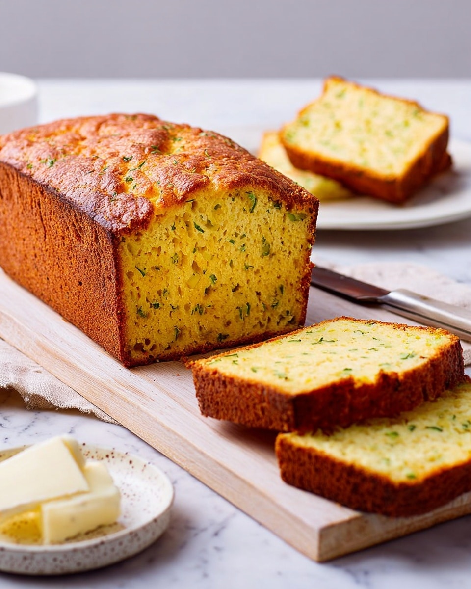 A rectangular loaf of golden yellow bread with flecks of green herbs inside sits on a wooden cutting board. The loaf is cut to show its soft, moist texture with two slices lying flat in front and slightly overlapping, exposing the crumb and browned crust edges. In the background, there is a stack of white plates with one slice of bread on the top plate next to a butter knife with a wooden handle. To the left, a small white speckled plate holds a chunk of pale creamy butter with some crumbs nearby. The entire scene is set on a white marbled surface. photo taken with an iphone --ar 4:5 --v 7