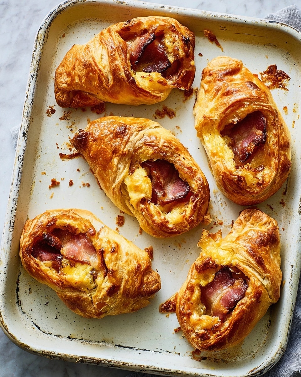 Five golden-brown puff pastries with a crispy, flaky texture sit on a white baking tray with some crumbs scattered around. Each pastry is folded in a twisted envelope shape with visible fillings of browned bacon pieces peeking through the folds. The pastries have areas of darker browning on the edges and tops, showing a well-baked finish. The tray rests on a white marbled surface with a folded light green cloth partially visible at the bottom left corner. photo taken with an iphone --ar 4:5 --v 7