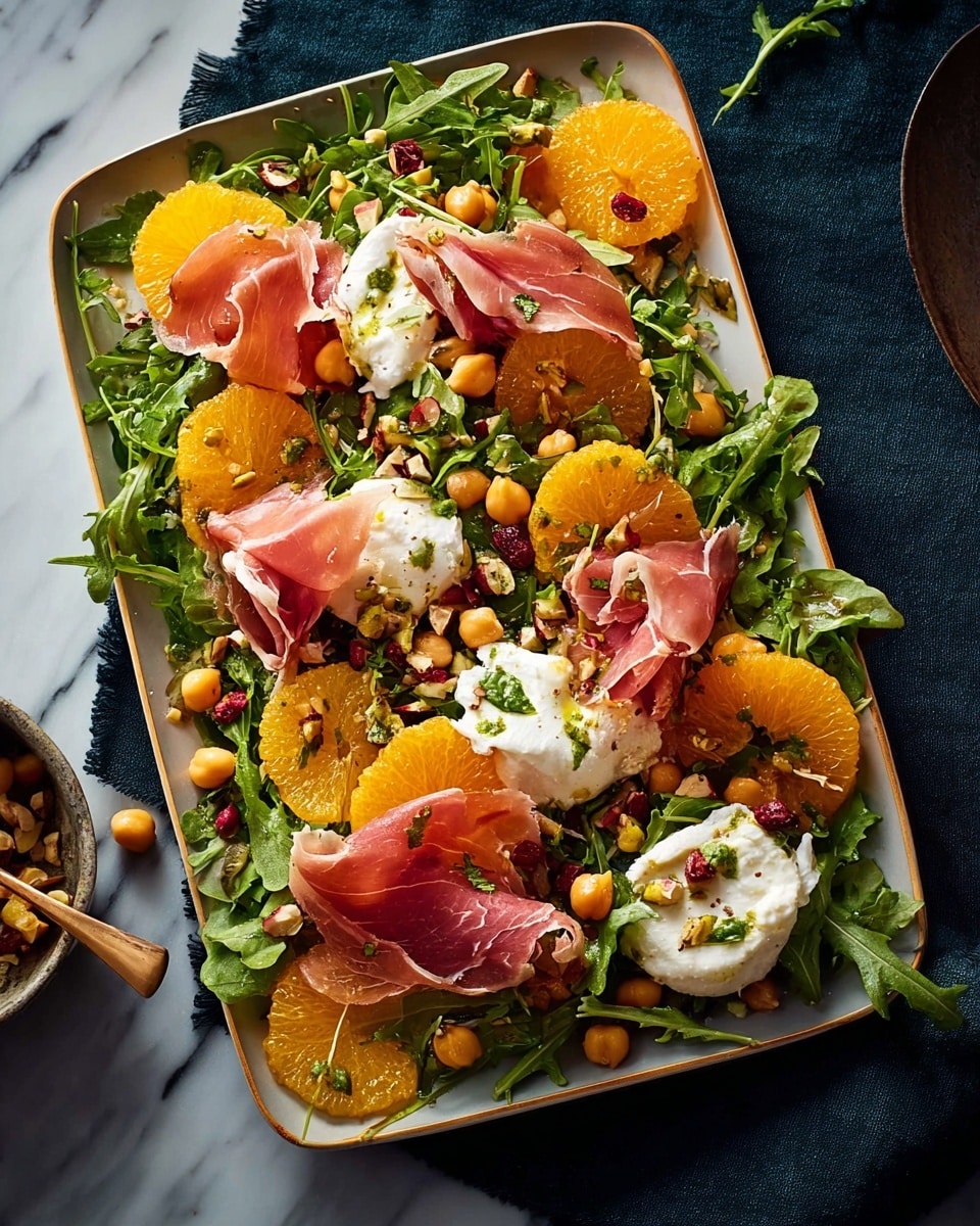A black rectangular tray holds a colorful salad arranged in multiple layers on a white marbled surface. The bottom layer is made of scattered fresh green arugula leaves that cover the tray surface unevenly. On top of this is a layer of bright orange round slices, possibly oranges, placed spread out to show their texture. Next, light brown chickpeas are sprinkled evenly across the salad along with small clusters of dark brown nuts, probably hazelnuts. There are thin, soft folds of pinkish prosciutto meat placed in scattered spots around the tray. Dollops of white creamy cheese appear in several places, some sprinkled with cracked black pepper. Small green herbs with feathery leaves are also scattered in small amounts over the dish. The overall look is fresh, colorful, and rustic. Photo taken with an iphone --ar 4:5 --v 7