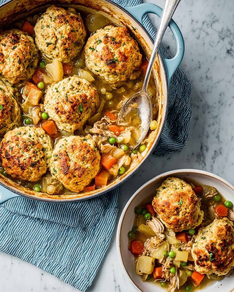 The image shows a round light blue cooking pot filled with a stew-like dish, featuring six round golden-brown biscuit dumplings on top. Below the dumplings are several layers of cooked vegetables like orange carrots, green peas, and light green celery chunks, along with pieces of pinkish cooked chicken, all mixed in a light brown broth. A silver ladle is dipped into the pot, resting against one side. Next to the pot, on a white plate with a thin brown rim, there is a serving of the same stew with two biscuit dumplings on top, pieces of chicken, carrots, peas, and celery, along with a fork placed on the plate. The whole scene is set on a blue and white striped cloth and a white marbled background. photo taken with an iphone --ar 4:5 --v 7