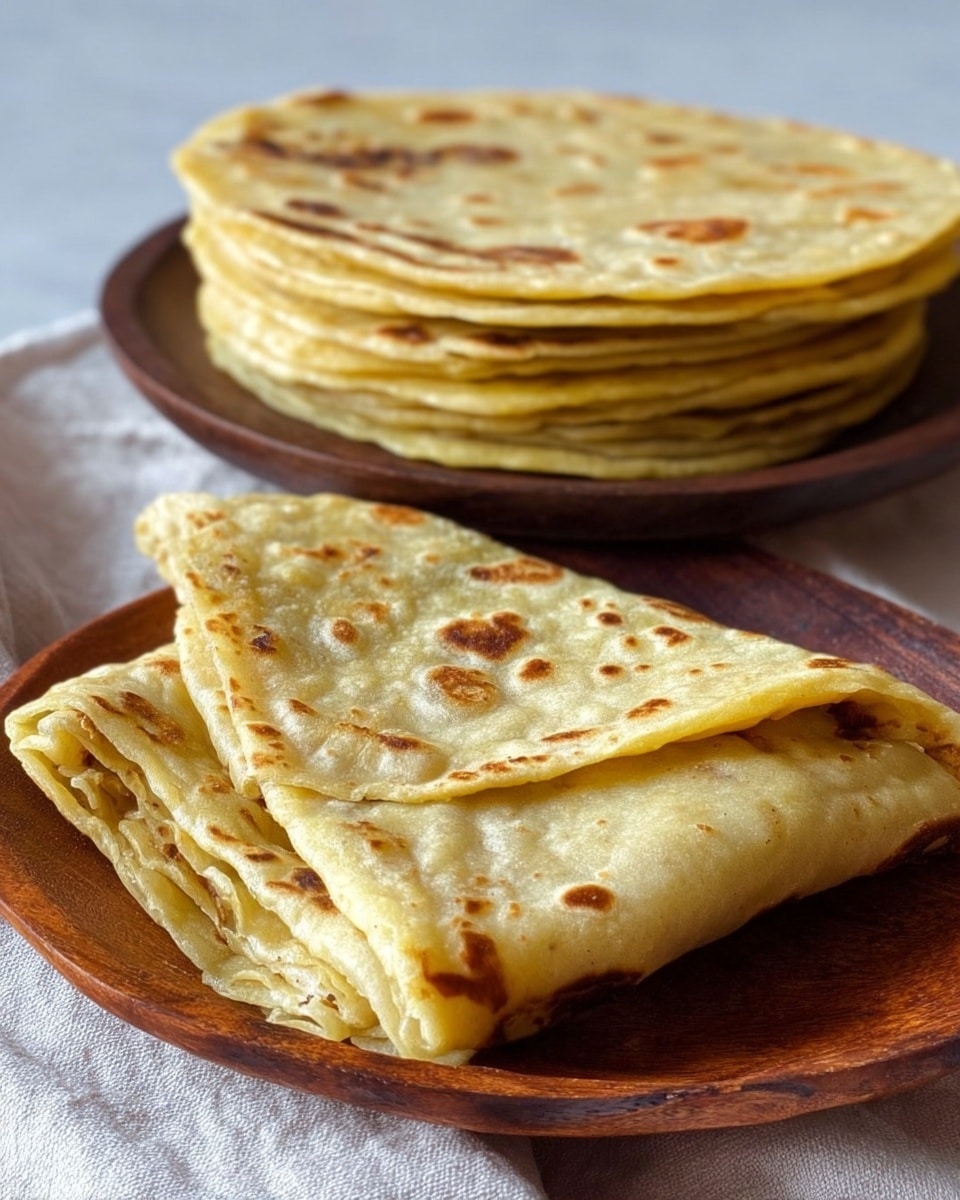 A stack of four round, lightly browned flatbreads with small dark spots rests at the back center on a dark wooden plate, while in front, one flatbread is folded into a square shape showing multiple thin layers of soft, cooked dough with a pale yellow color and slight brown spots on the surface. The background is a white marbled texture. Photo taken with an iphone --ar 4:5 --v 7