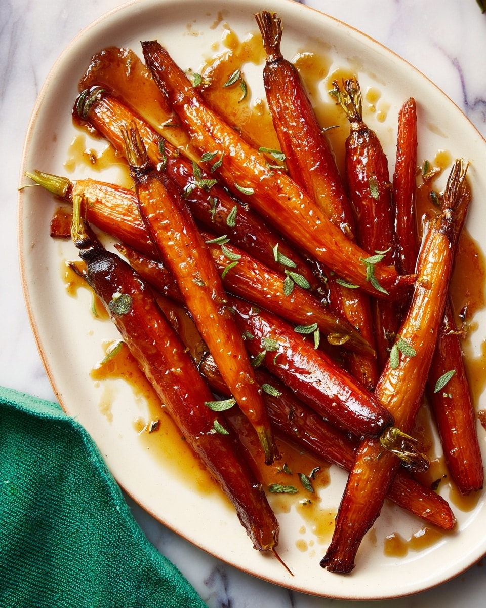 The image shows a white speckled oval plate filled with roasted carrots covered in a shiny, sticky brown glaze. The carrots vary in size and shape, with some whole and others halved lengthwise, their colors range from a deep orange to a slightly caramelized golden brown. Tiny green herb leaves are scattered on and around the carrots adding a fresh contrast. The plate is placed on a green fabric with star-shaped ornaments nearby, all set against a white marbled surface. photo taken with an iphone --ar 4:5 --v 7