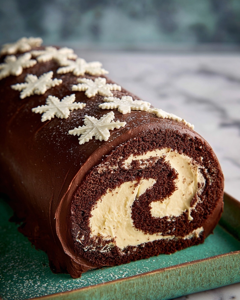 A chocolate roll cake is shown with two main layers: the outer layer is a smooth, dark brown chocolate sponge that is rolled around a thick, creamy white filling. On top, the roll is covered with a glossy, rich dark chocolate frosting. White chocolate decorations in the shape of simple snowflakes are placed evenly along the top and sides. The cake sits on a white plate on a white marbled texture surface. photo taken with an iphone --ar 4:5 --v 7