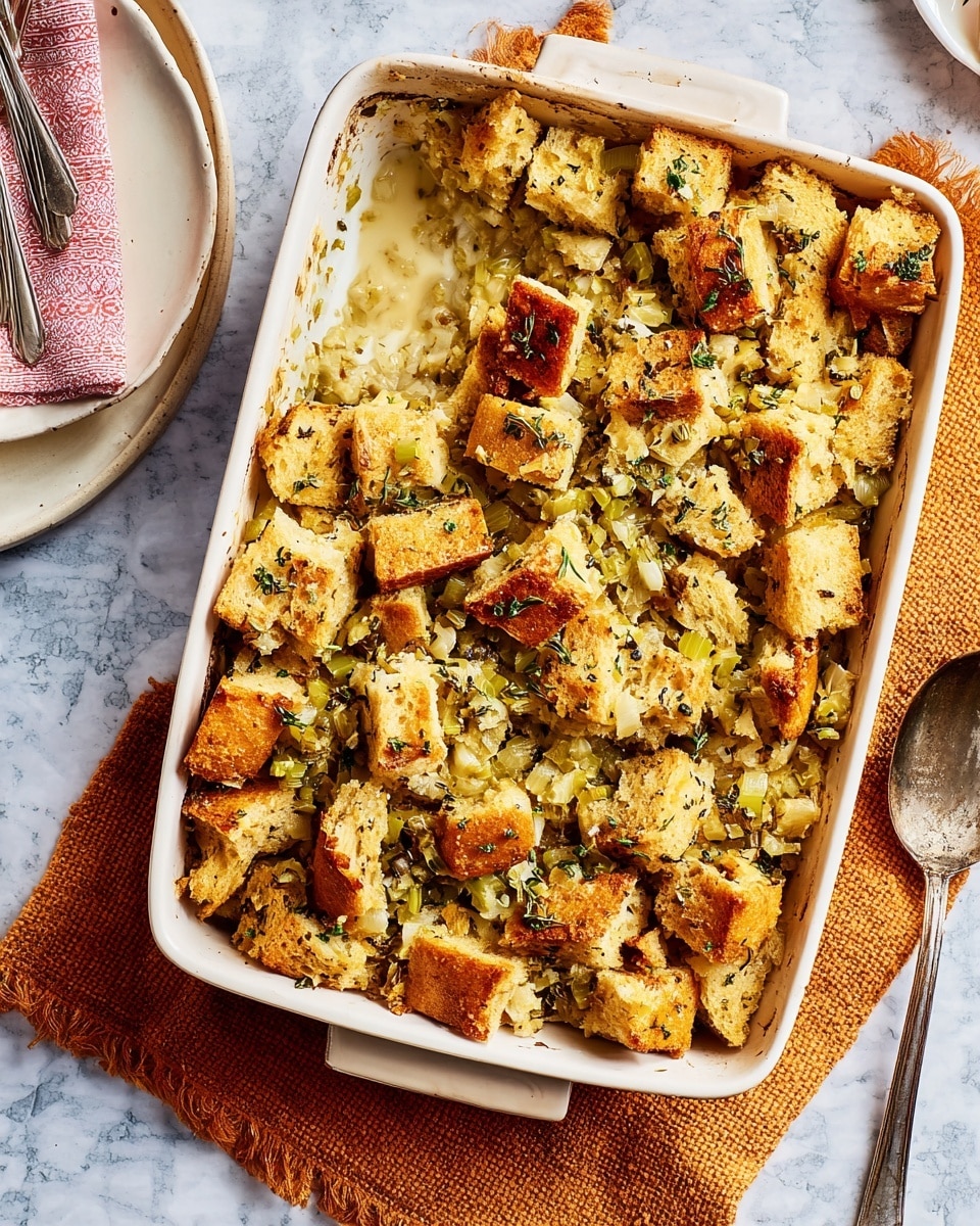 A white rectangular baking dish holds a bread stuffing made of roughly cut golden-brown toasted bread cubes mixed with cooked celery pieces and herbs, creating a textured, uneven top layer. The bread appears crispy, with some pieces showing a browned crust while others remain soft and soaked with juices underneath. The dish rests on a folded burnt orange cloth over a white marbled surface. To the right, a shiny serving spoon with some stuffing residue is partially visible, and on the left, a stack of white plates with a pink napkin and a few forks sits at the edge of the frame. Photo taken with an iphone --ar 4:5 --v 7