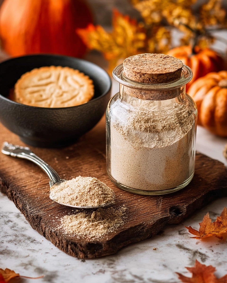A clear glass jar with a cork lid is filled nearly to the top with light tan powder, sitting on a rustic wooden board. Next to it is a white bowl resting on a wood slice, containing a small pile of the same powder. A silver spoon in front holds a small amount of the powder on its tip. In the background on the left, two orange pumpkins can be seen, and the surface underneath everything is a white marbled texture. photo taken with an iphone --ar 4:5 --v 7