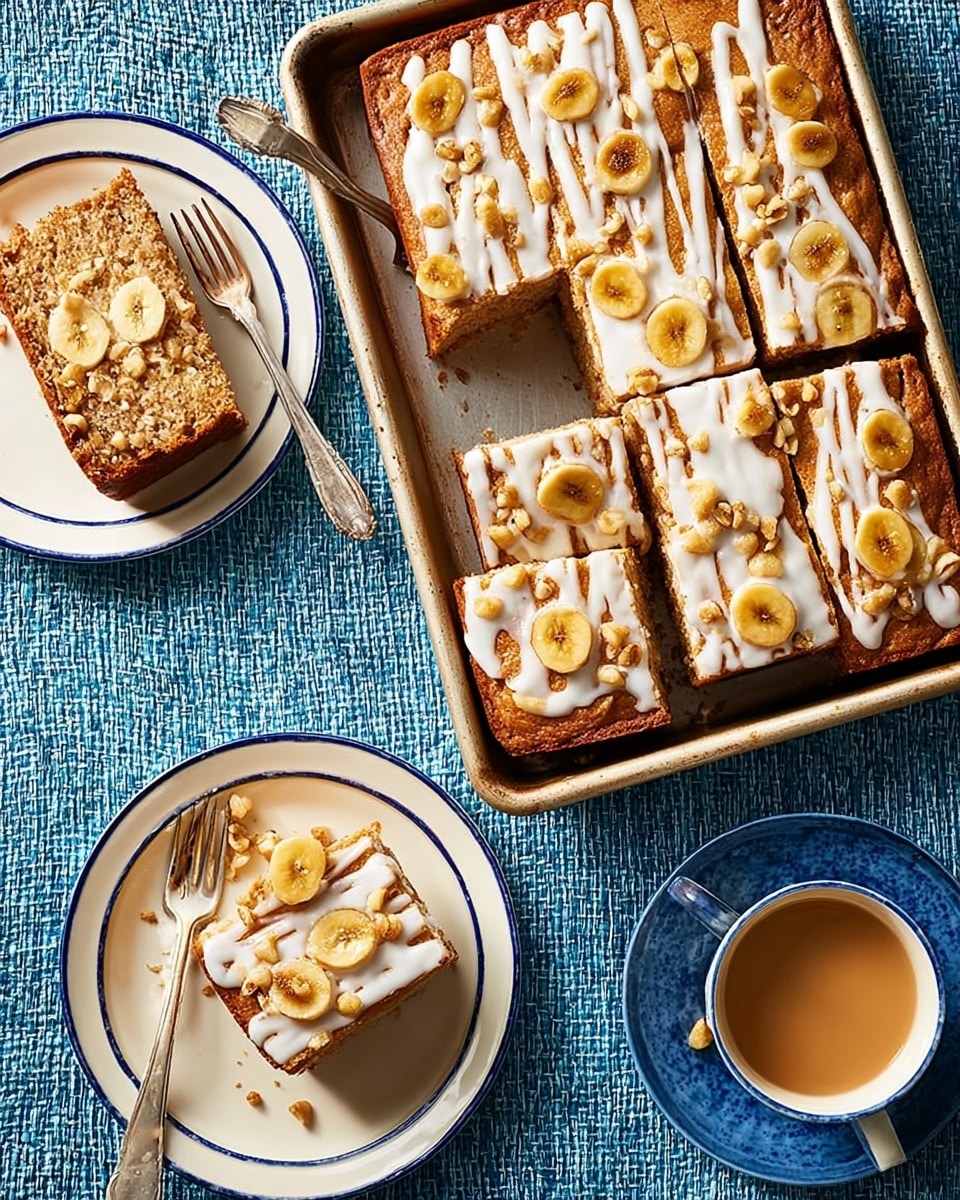 The image shows a rectangular white baking tray filled with a golden-brown cake cut into twelve pieces, three pieces already taken out. The cake has a moist texture and is topped with white icing drizzled in thin stripes and scattered with light yellow banana chips. Two pieces of the cake are placed on white plates with a blue inner surface and golden rims, each accompanied by a small silver fork resting nearby. A cup of light brown coffee is visible near the plates on a white marbled texture covered with a blue cloth that has a textured pattern. photo taken with an iphone --ar 4:5 --v 7