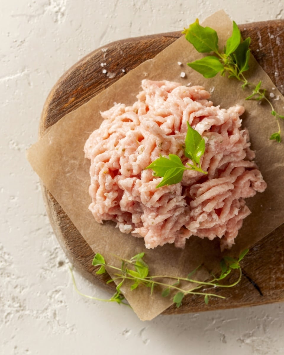 The image shows finely ground raw meat piled neatly on a piece of parchment paper atop a wooden board. The meat is light pink with a soft, slightly stringy texture, forming a loosely shaped mound in the center. Small sprigs of fresh green herbs sit on top of the meat, adding a bright contrast. The background surface is a white marble texture that enhances the natural colors of the meat and herbs. Photo taken with an iphone --ar 4:5 --v 7