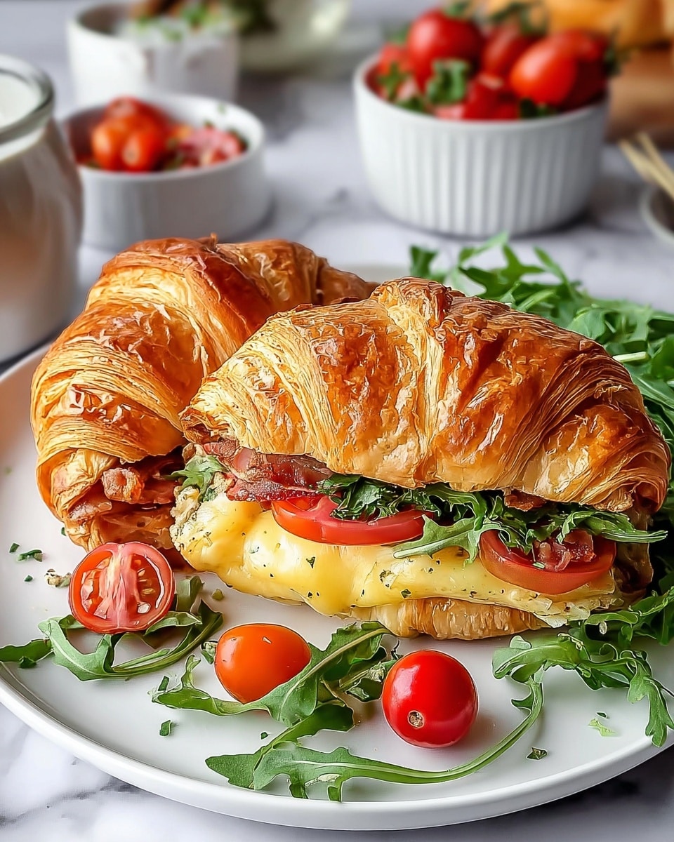 A golden brown croissant sandwich is cut in half and placed on a white plate with a slight brown edge, sitting on a white marbled surface. The croissant has a flaky, shiny crust on top. Inside, there are three visible layers: a bottom layer of light yellow melted cheese, a middle layer with red tomato slices and some dark cured meat, and a top layer of bright green leafy herbs. Around the croissant on the plate, there is fresh green arugula and two small red cherry tomatoes. In the background, there is a white bowl with greens and tomatoes and another white bowl with a red sauce. photo taken with an iphone --ar 4:5 --v 7