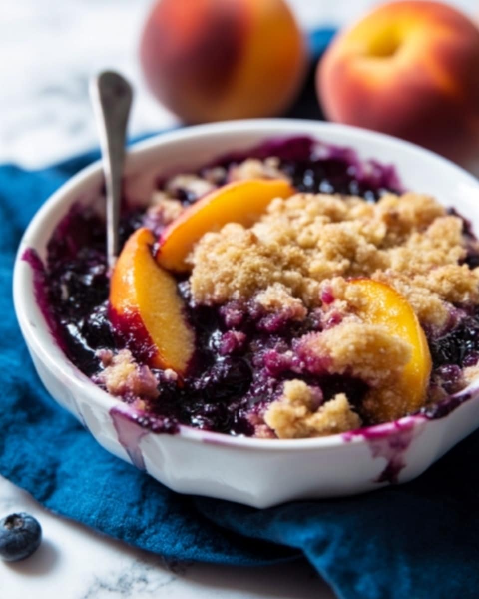 A white bowl holds a layered fruit dessert with a mix of blueberries and peach slices on the bottom, creating a deep purple and bright orange base. On top, there is a crumbly, golden brown crust with a rough texture. The colors of the fruits are vibrant, and the crumbly topping looks crispy and slightly uneven. The bowl is placed on a white marbled surface with a soft blue cloth partly visible. Photo taken with an iphone --ar 4:5 --v 7