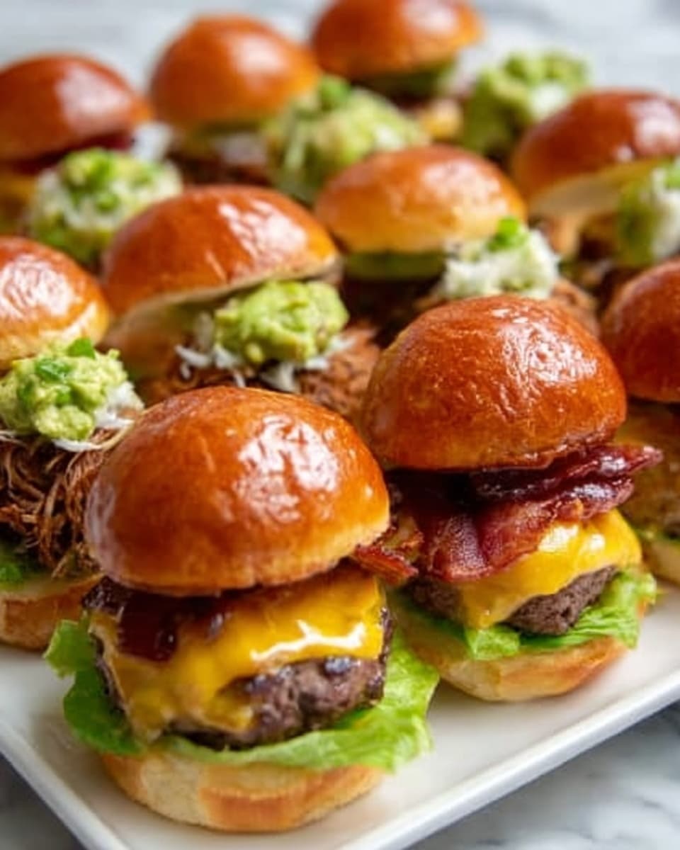 A close-up image of a white plate filled with small, round burgers arranged in rows. The front row features three mini burgers, each with a glossy brown bun on top, melted yellow cheese covering the beef patty, crispy bacon strips, and fresh green lettuce peeking from underneath the patty. Behind these, there are burgers topped with shredded meat and green guacamole, also with soft brown buns. The buns have a smooth, shiny texture, and the burgers sit on a white marbled surface. The focus is sharp on the front burgers, with slight blur on the ones behind. Photo taken with an iphone --ar 4:5 --v 7