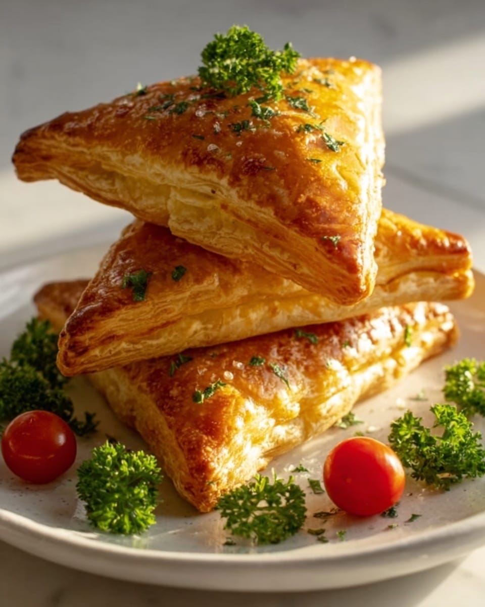 A stack of four golden brown, crispy puff pastry triangles arranged from largest at the bottom to smallest at the top, each layer showing flaky texture with slight shine from a light glaze. The pastries have a sprinkled topping of finely chopped green herbs, adding tiny green spots on the warm golden surface. Bright green curly parsley pieces and small red cherry tomatoes surround the base on a white plate, which sits on a white marbled surface. The overall look is tidy and appetizing, capturing the warm and fresh colors of the herbs and vegetables alongside the buttery, crispy pastries. photo taken with an iphone --ar 4:5 --v 7