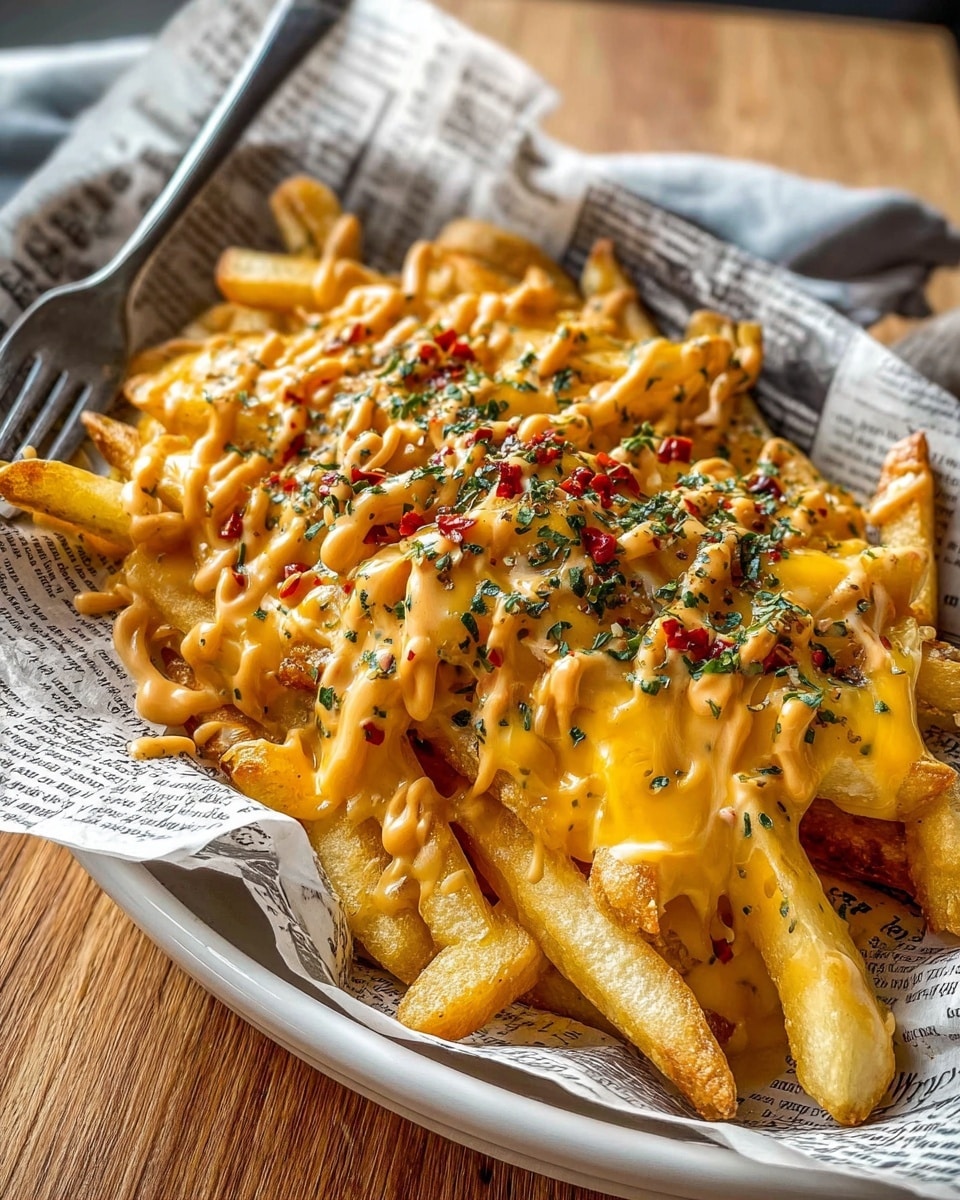 A bowl lined with newspaper holds a large serving of golden crispy fries as the bottom layer, topped with melted bright orange cheese. A creamy, light orange sauce is drizzled generously over the cheese, sprinkled with small green herb pieces and tiny red chili flakes. Some fried bits of onions are mixed into the fries, adding texture and color. A silver fork rests on the side of the bowl. The bowl is placed on a wooden surface that should be a white marbled texture instead. Photo taken with an iphone --ar 4:5 --v 7