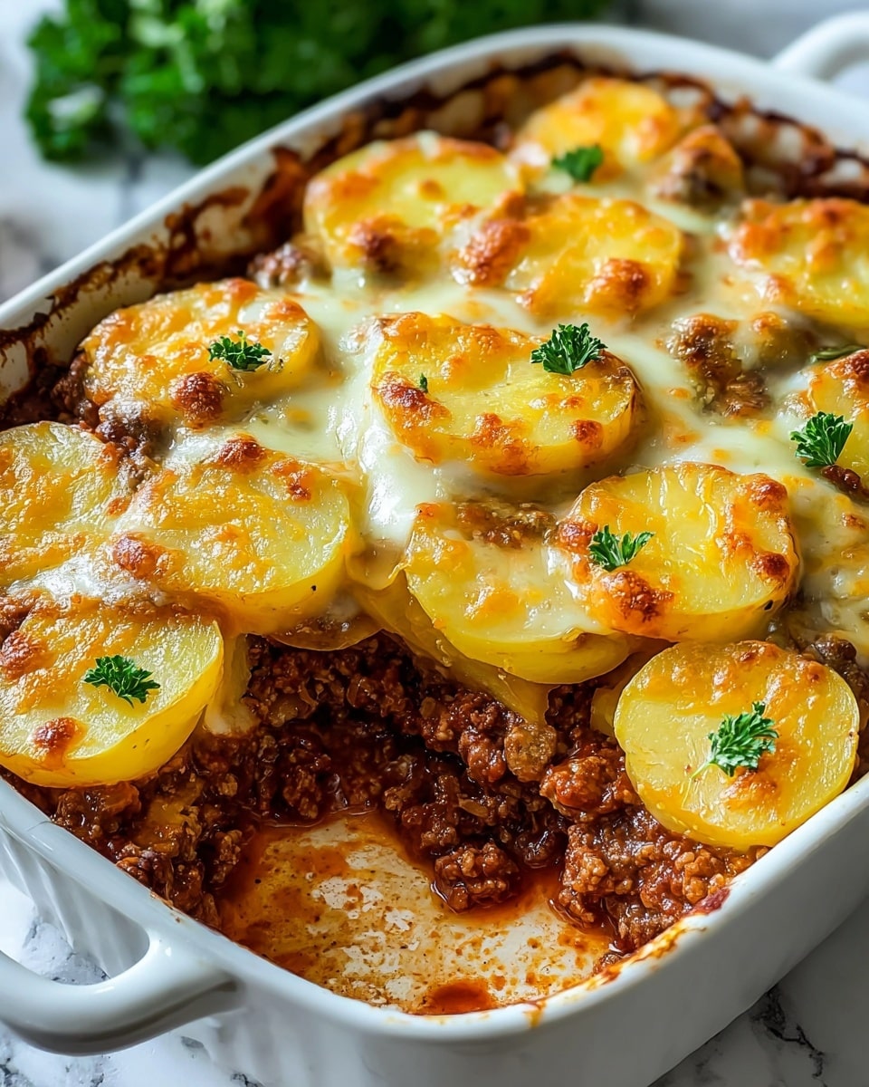 A white oval casserole dish holds a baked layered dish with three main layers visible from the side: at the bottom, cooked ground meat with a browned, juicy texture; in the middle, thin slices of melted white cheese; on top, a neat layer of round yellow potato slices slightly browned and topped with small green herb pieces scattered over. The dish looks warm and rich, with some bubbling sauce near the edge, all placed on a white marbled surface with a blurred green garnish in the background. photo taken with an iphone --ar 4:5 --v 7