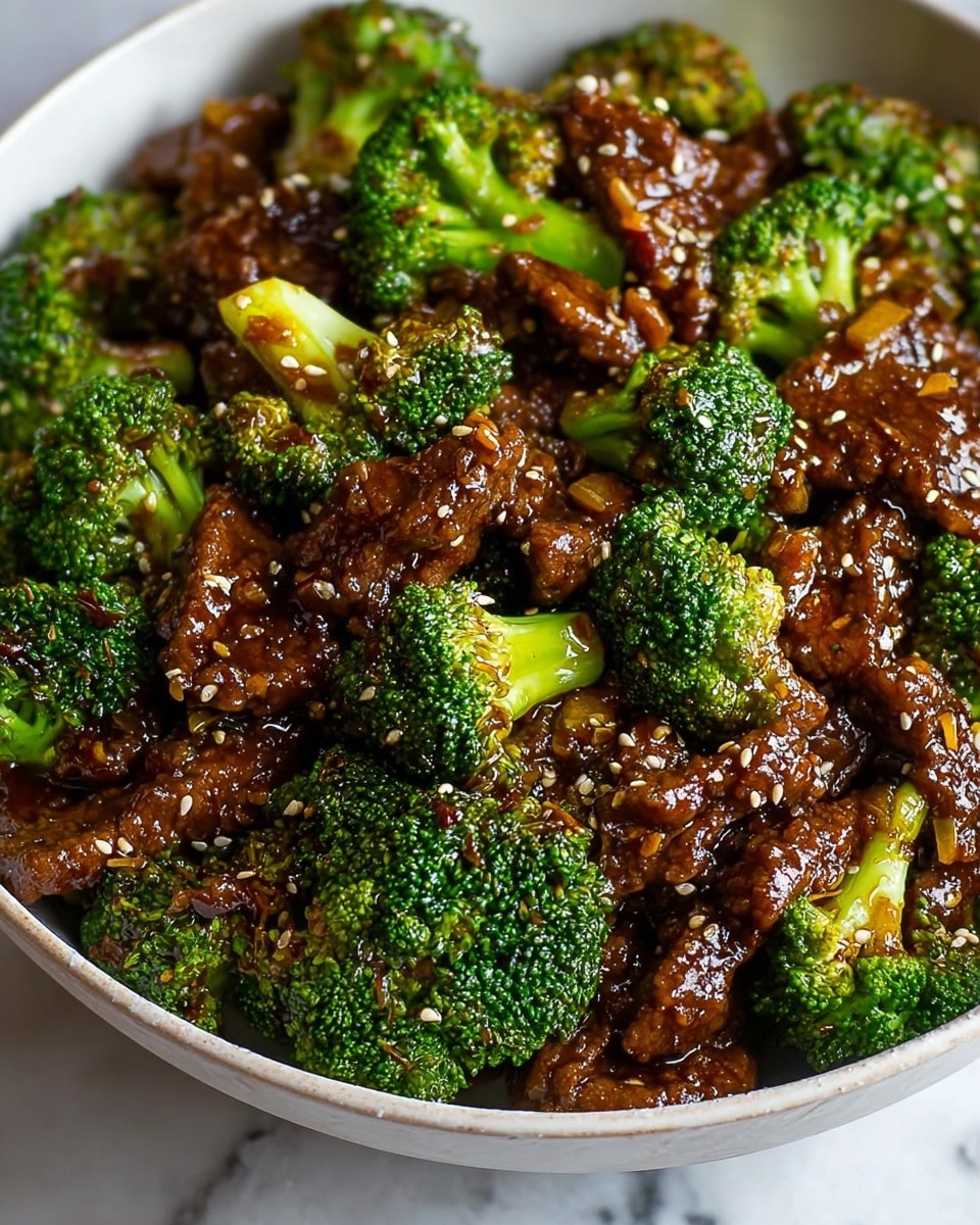 This image shows a close-up of a white bowl filled with a dish of beef and broccoli stir-fry. The dish has two main layers: bright green broccoli florets with a slightly rough texture, and tender chunks of brown beef covered in a glossy dark brown sauce. Small diced onions and sesame seeds are scattered throughout, adding texture and contrast. The sauce pools slightly at the base of the bowl, making the dish look juicy and flavorful. The bowl sits on a white marbled surface. photo taken with an iphone --ar 4:5 --v 7