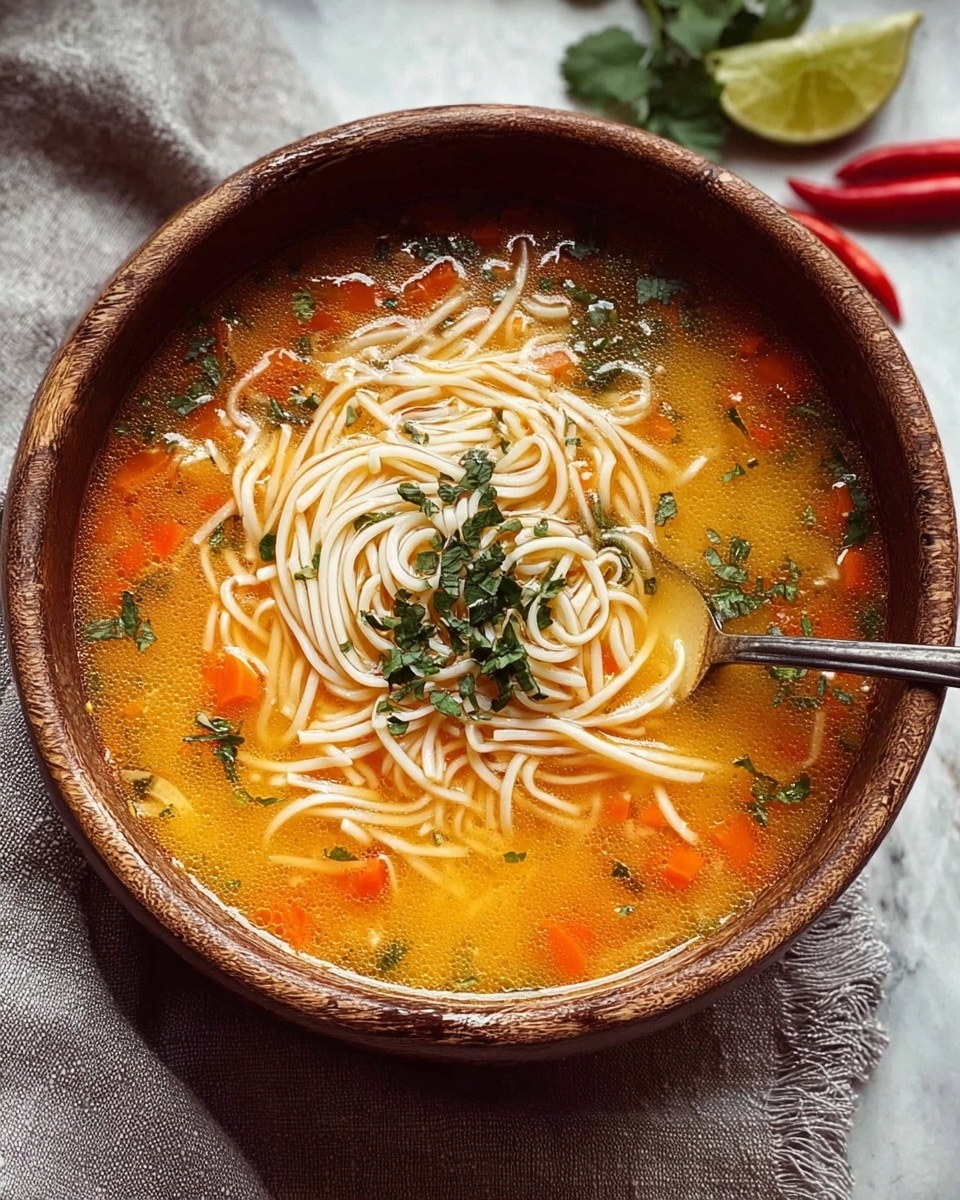 A white bowl filled with bright orange soup with small diced orange and red vegetables floating throughout. In the center, a small bundle of thin white noodles is placed on the surface, topped with green chopped herbs. A silver spoon dips into the soup on the right side of the bowl. The bowl rests on a light gray cloth on a white marbled surface, with a lime wedge and red chili pepper blurred in the background. Photo taken with an iphone --ar 4:5 --v 7