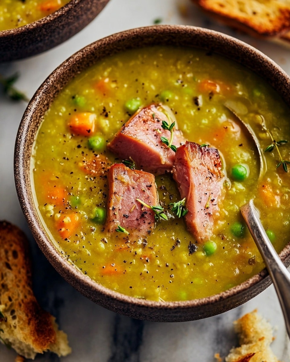 A close-up view of a bowl filled with thick, yellow-green pea soup containing small, soft orange carrot pieces scattered throughout. On top, there are three pieces of browned, tender ham with a slight pink inside, garnished with fresh green thyme leaves and sprinkled with coarse black pepper. The bowl is textured and brown but sits on a white marbled surface, with a silver spoon resting inside the bowl on the right side. Around the bowl, there are torn pieces of toasted bread with a golden-brown crust. Photo taken with an iphone --ar 4:5 --v 7
