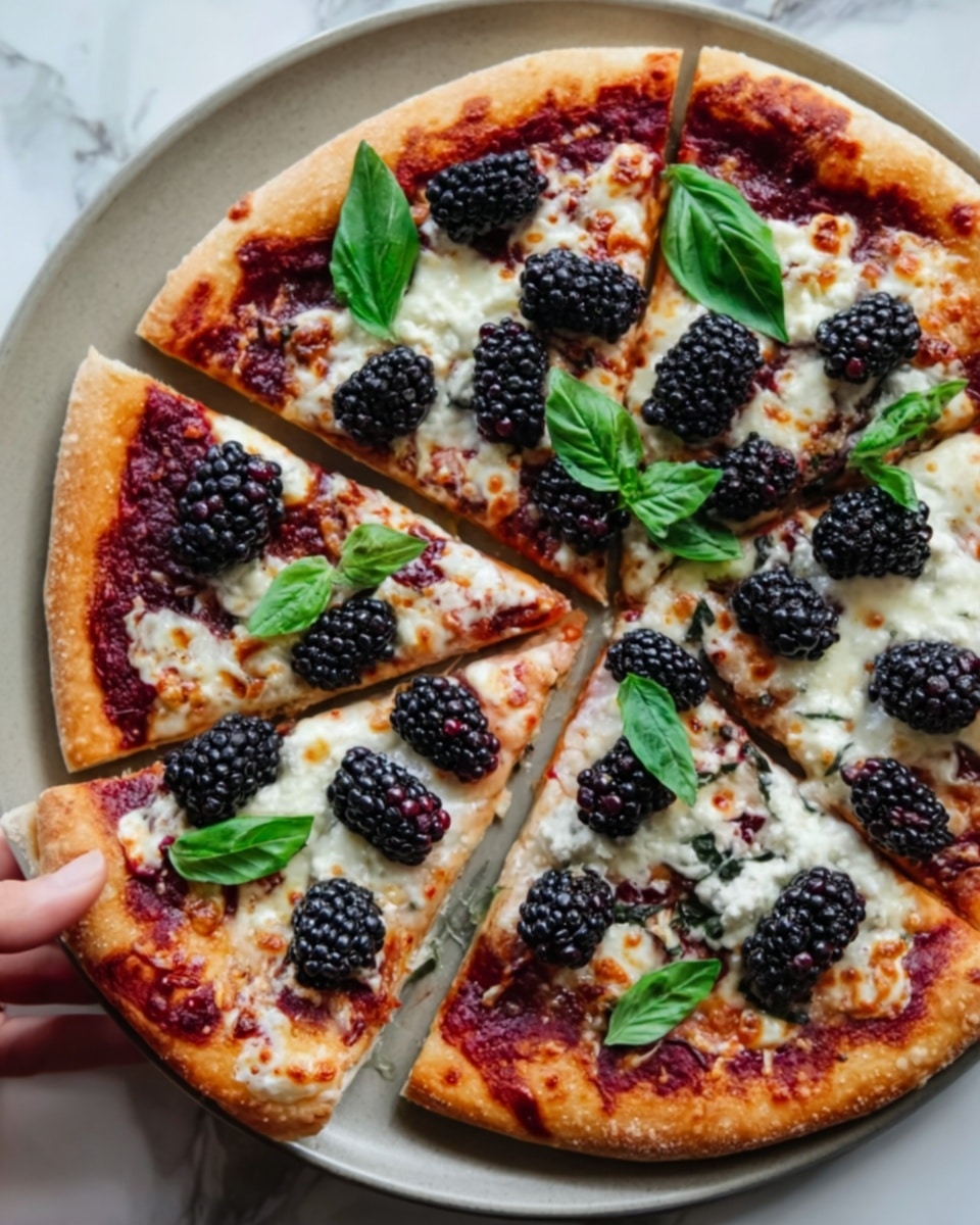 A close-up view of a freshly baked pizza sliced into pieces, each slice showing a golden brown crust with melted white cheese spread evenly on top. Dark purple blackberries are scattered across each slice, adding a juicy, textured look. Bright green basil leaves are placed on top, giving a fresh color contrast. The pizza sits on a white plate with a white marbled surface underneath, enhancing the colors of the toppings. The photo taken with an iphone --ar 4:5 --v 7
