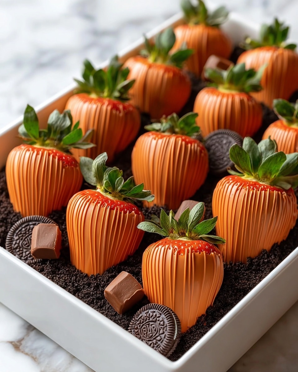 The image shows a white rectangular tray filled with a dark crumbly chocolate layer that looks like soil. On top of this layer, there are several strawberries completely covered with smooth, glossy orange chocolate, each strawberry featuring fine vertical ridges. The green leafy tops of the strawberries are visible, with a bit of crushed chocolate sprinkled around the stem area to resemble dirt. Among the strawberries, there are whole and halved chocolate sandwich cookies and small chocolate peanut butter cups embedded in the crumbly chocolate base. The scene is set on a white marbled surface. photo taken with an iphone --ar 4:5 --v 7