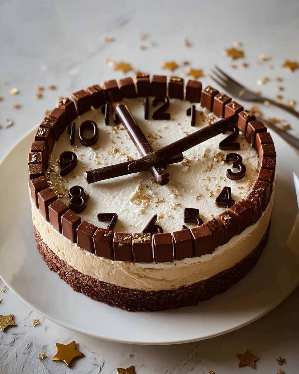 The cake has three visible layers: the bottom is a dark chocolate base, the middle is a thick creamy beige layer, and the top is smooth white frosting. Around the sides, vertical KitKat chocolate bars form a fence-like border. On top, there are chocolate numbers arranged like a clock with gold star-shaped decorations scattered inside the clock face. Two long chocolate sticks act as clock hands pointing to 12 and 5. The cake is on a white plate placed on a white marbled surface, with some silver and golden party decorations around it, and silver cutlery is set nearby. photo taken with an iphone --ar 4:5 --v 7