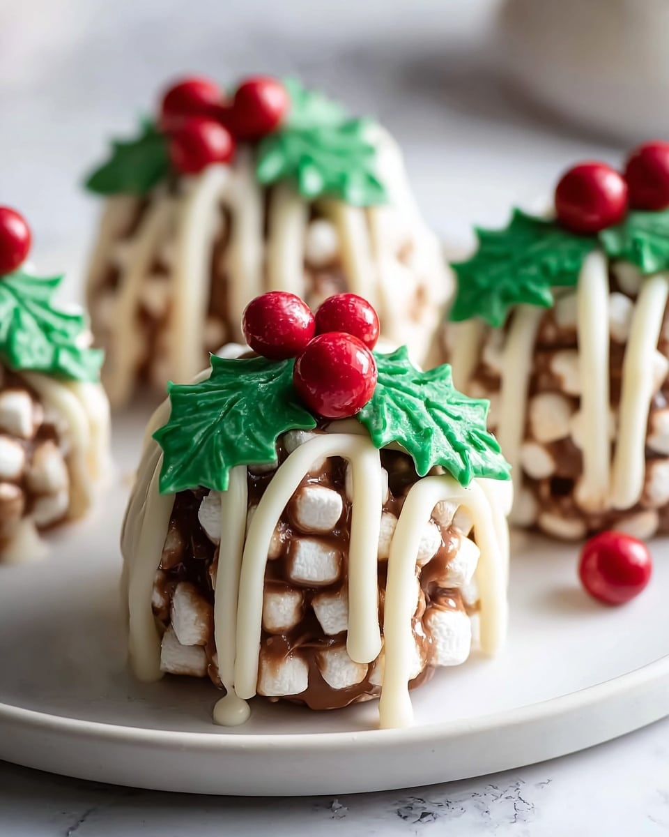 The image shows round dessert balls made from puffed rice cereal bound by a chocolate layer, giving a textured brown and white look. Each ball is decorated with white icing drizzled vertically over the top, resembling stripes. On top of the icing, there are three bright red candy berries and two green holly leaves with visible vein details, placed together like a festive decoration. The balls sit on a plain white plate with a glossy surface, which rests on a white marbled background. The photo focuses closely on one dessert ball in front, with the others blurred softly behind it, creating depth. Photo taken with an iphone --ar 4:5 --v 7